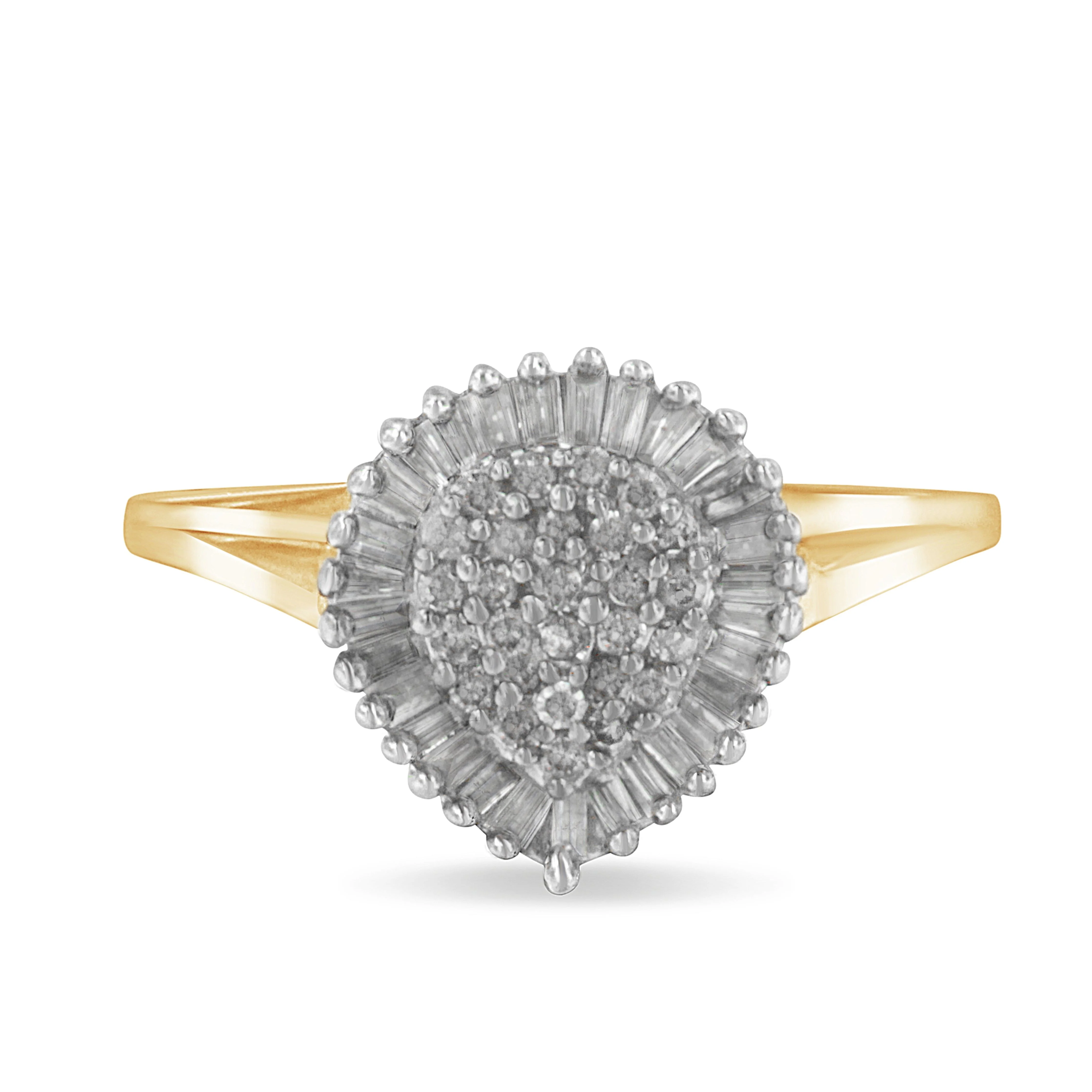 10K Yellow Gold 1/2 Cttw Round & Baguette Cut Diamond Pear Shaped Domed Pavé Cluster with Halo Cocktail Ring (J-K Color, I1-I2 Clarity) - Size 4-1/4 - Image 6