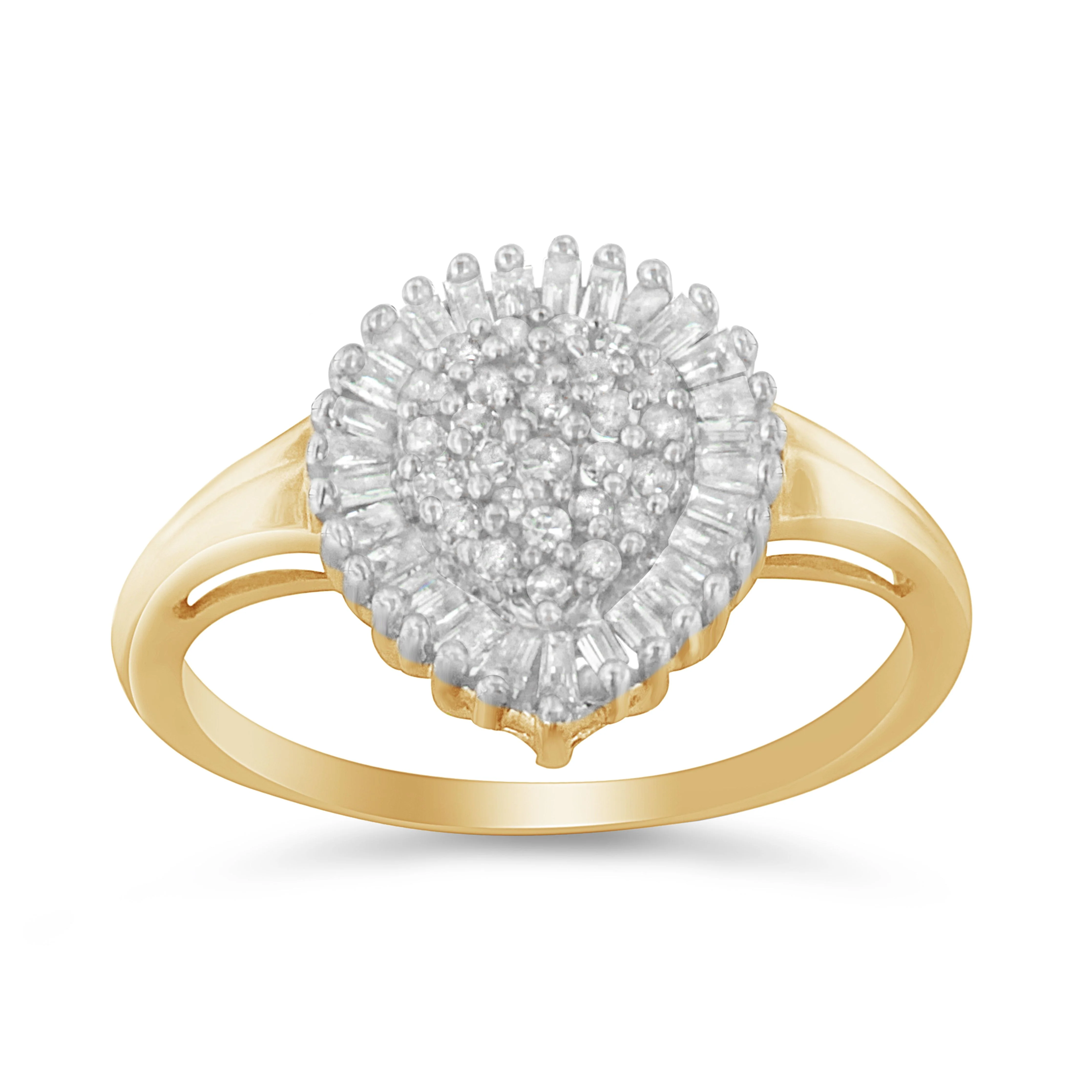 10K Yellow Gold 1/2 Cttw Round & Baguette Cut Diamond Pear Shaped Domed Pavé Cluster with Halo Cocktail Ring (J-K Color, I1-I2 Clarity) - Size 4-1/4 - Image 7