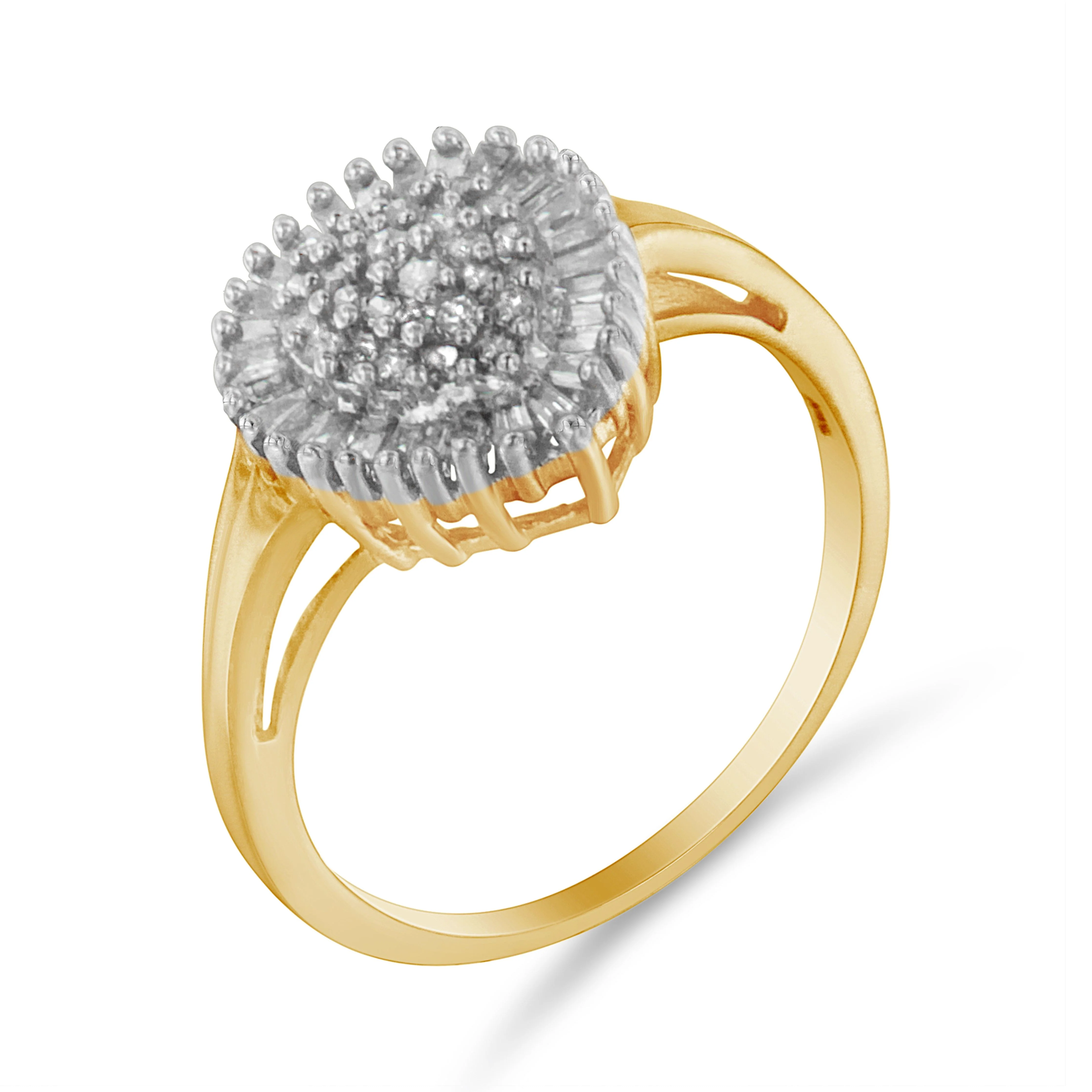 10K Yellow Gold 1/2 Cttw Round & Baguette Cut Diamond Pear Shaped Domed Pavé Cluster with Halo Cocktail Ring (J-K Color, I1-I2 Clarity) - Size 4-1/4 - Image 8
