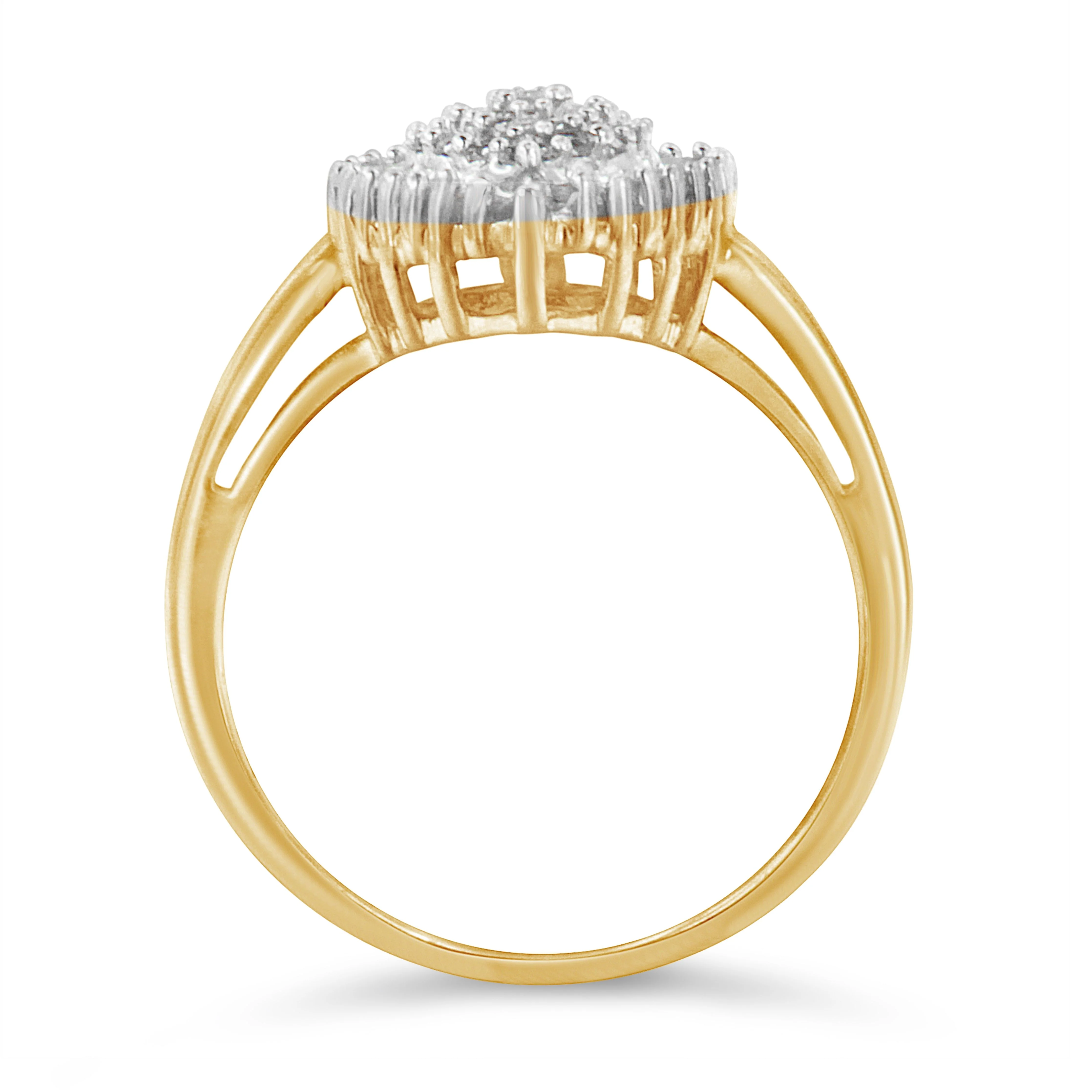 10K Yellow Gold 1/2 Cttw Round & Baguette Cut Diamond Pear Shaped Domed Pavé Cluster with Halo Cocktail Ring (J-K Color, I1-I2 Clarity) - Size 4-1/4 - Image 9