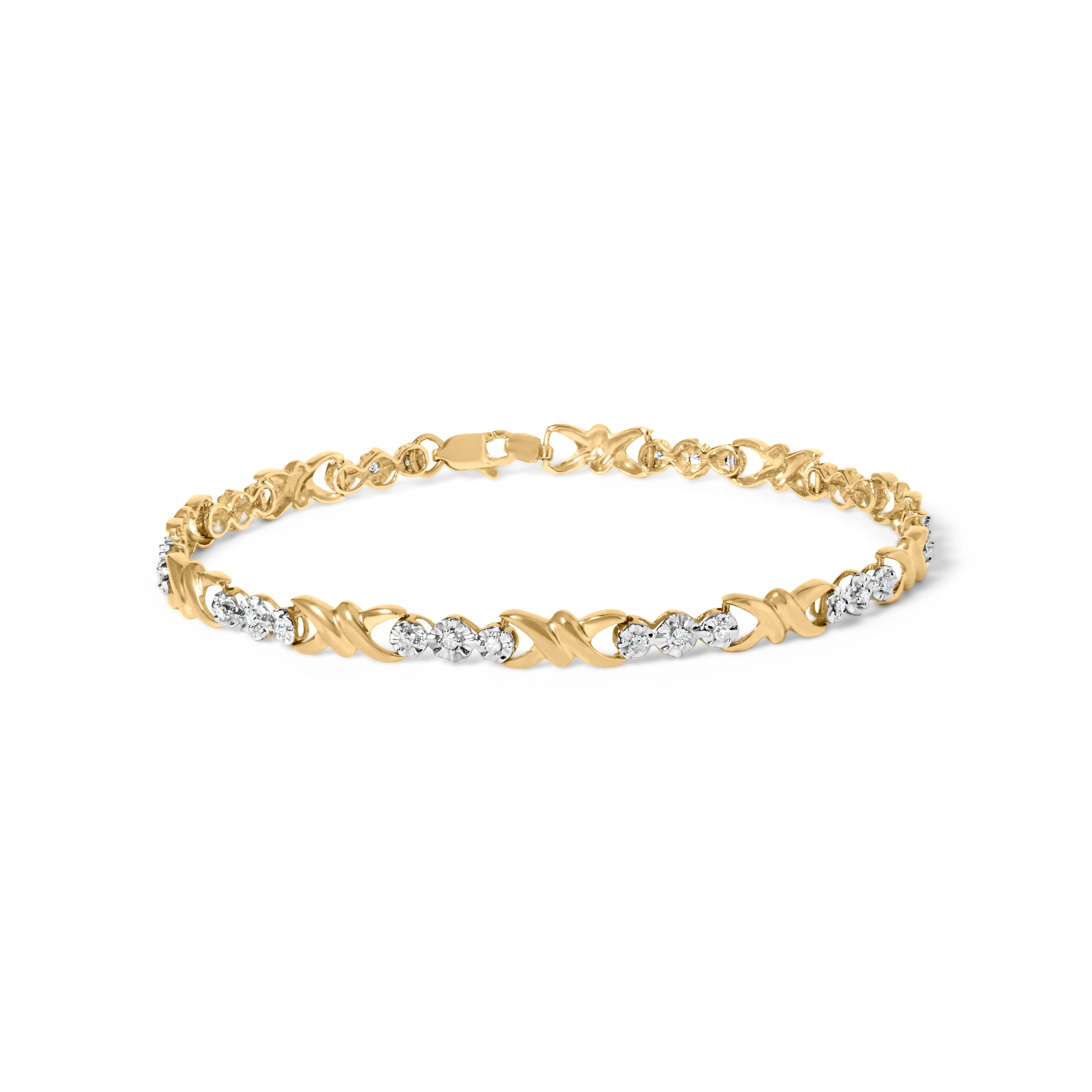 10k Yellow Gold 1/3 Cttw Diamond 3 Stone and X-Link Bracelet (I-J Color, I1-I2 Clarity) - 7.50" Inches