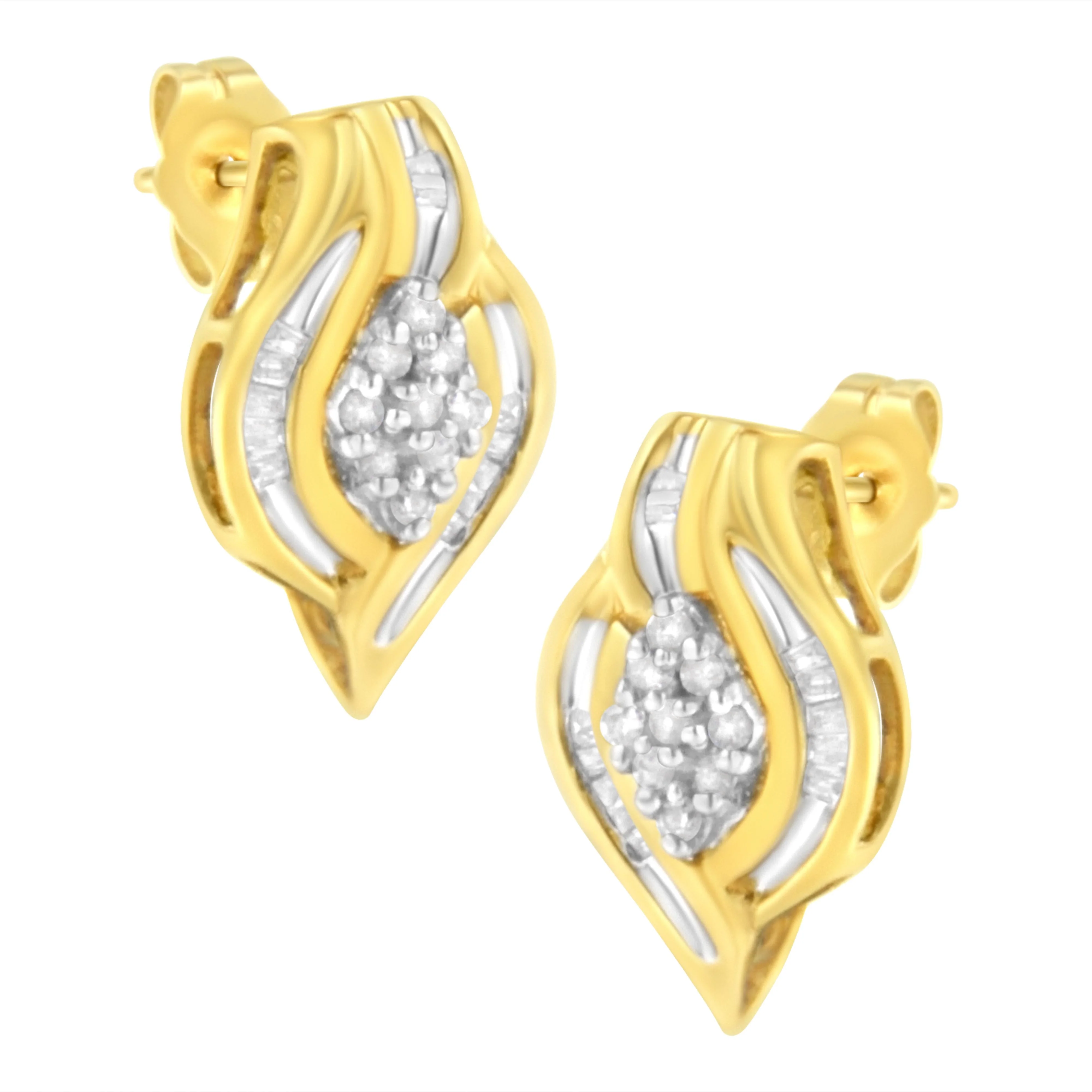 10K Yellow Gold 1/3 cttw Round-Cut Diamond Cluster and Swirl Stud Earrings (J-K Clarity, I2-I3 Color) - Image 2
