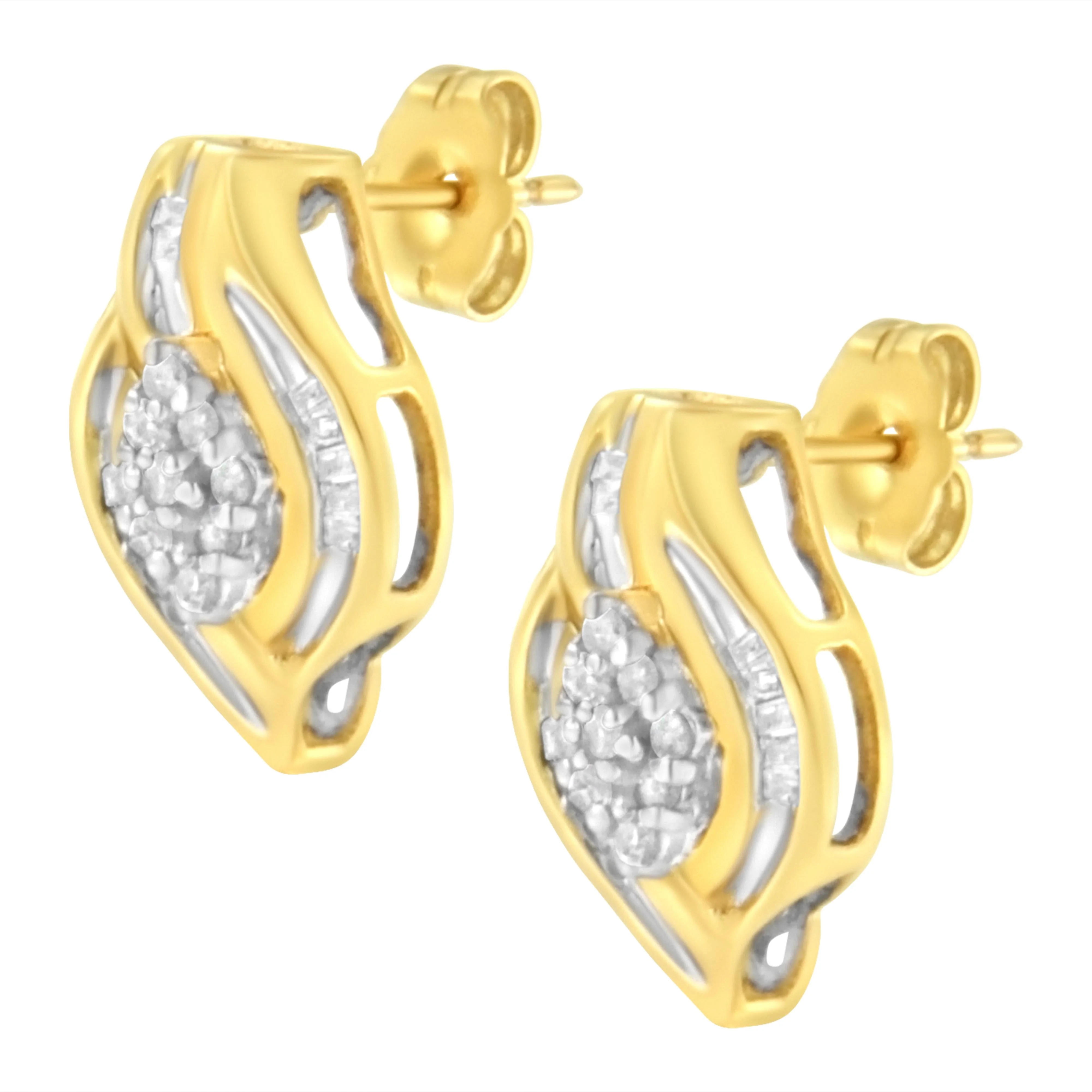 10K Yellow Gold 1/3 cttw Round-Cut Diamond Cluster and Swirl Stud Earrings (J-K Clarity, I2-I3 Color) - Image 5