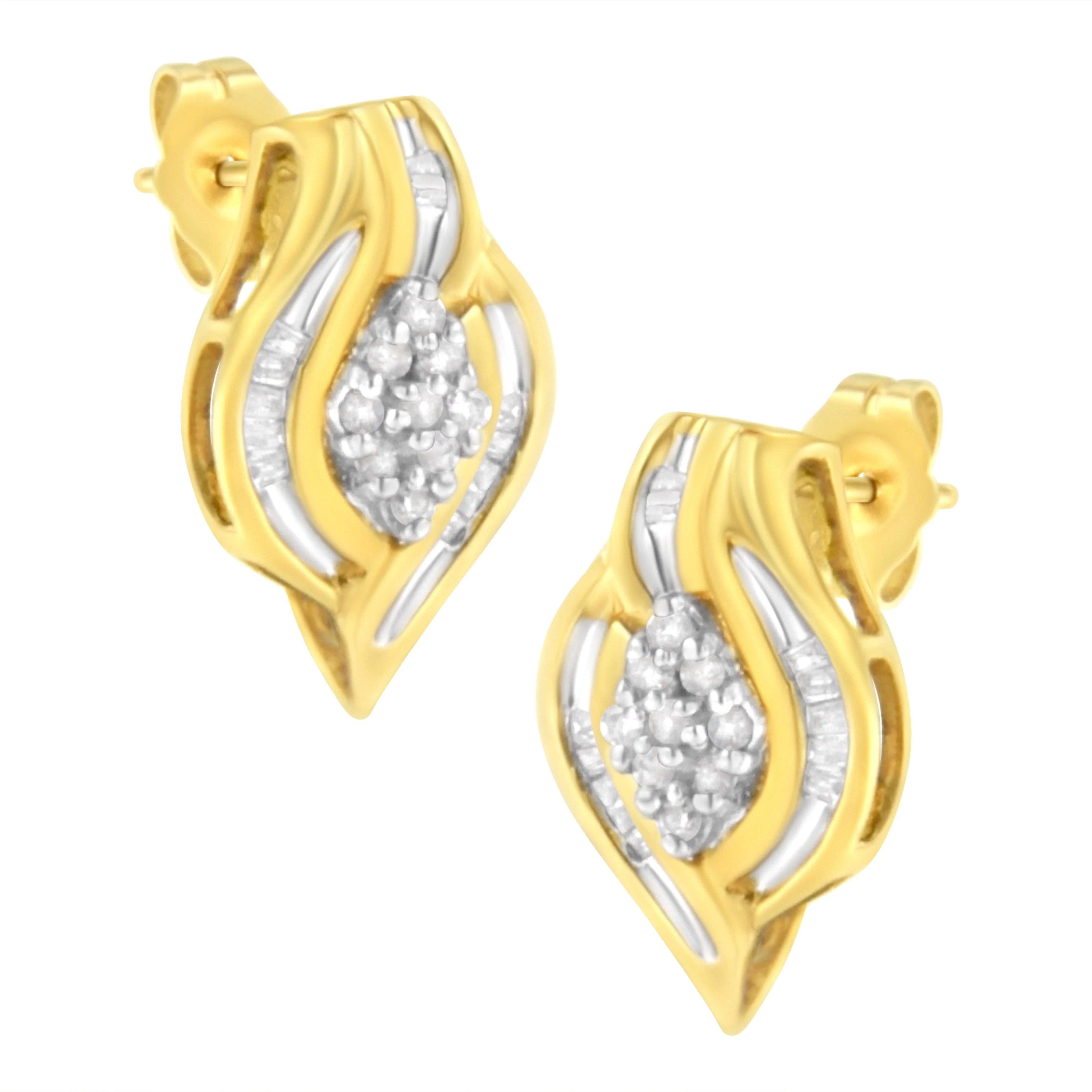 10K Yellow Gold 1/3 cttw Round-Cut Diamond Cluster and Swirl Stud Earrings (J-K Clarity, I2-I3 Color) - Image 6