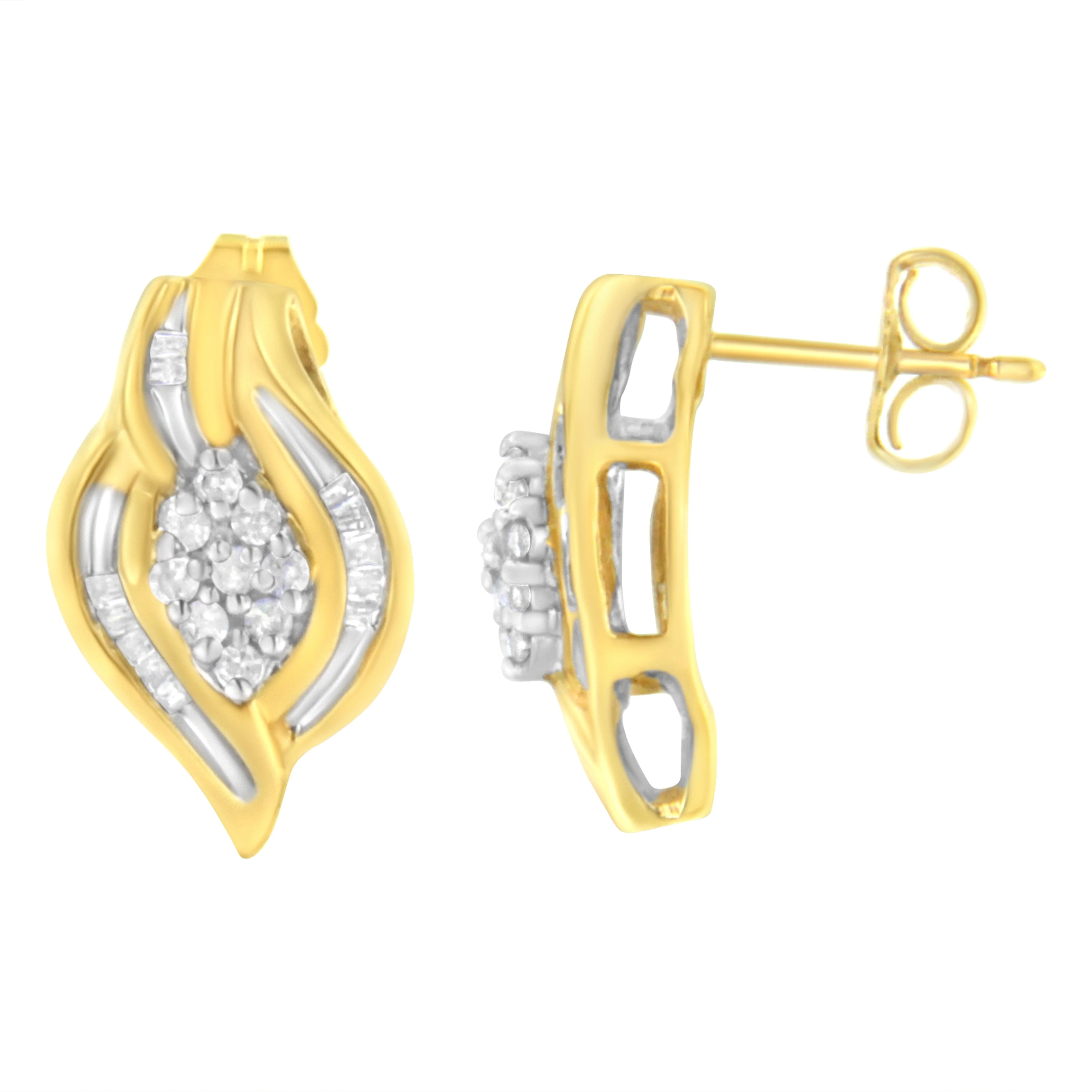 10K Yellow Gold 1/3 cttw Round-Cut Diamond Cluster and Swirl Stud Earrings (J-K Clarity, I2-I3 Color) - Image 7