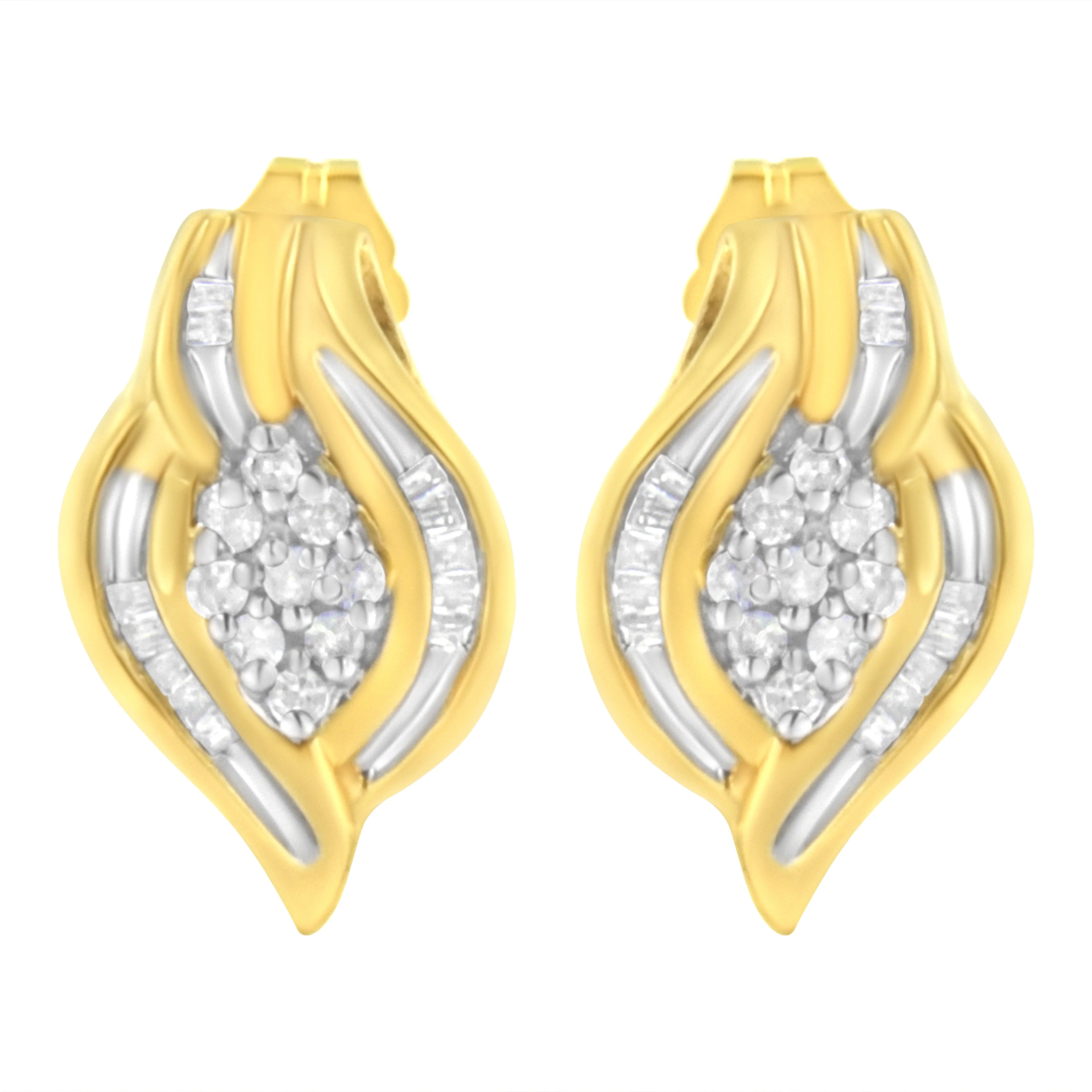 10K Yellow Gold 1/3 cttw Round-Cut Diamond Cluster and Swirl Stud Earrings (J-K Clarity, I2-I3 Color) - Image 8