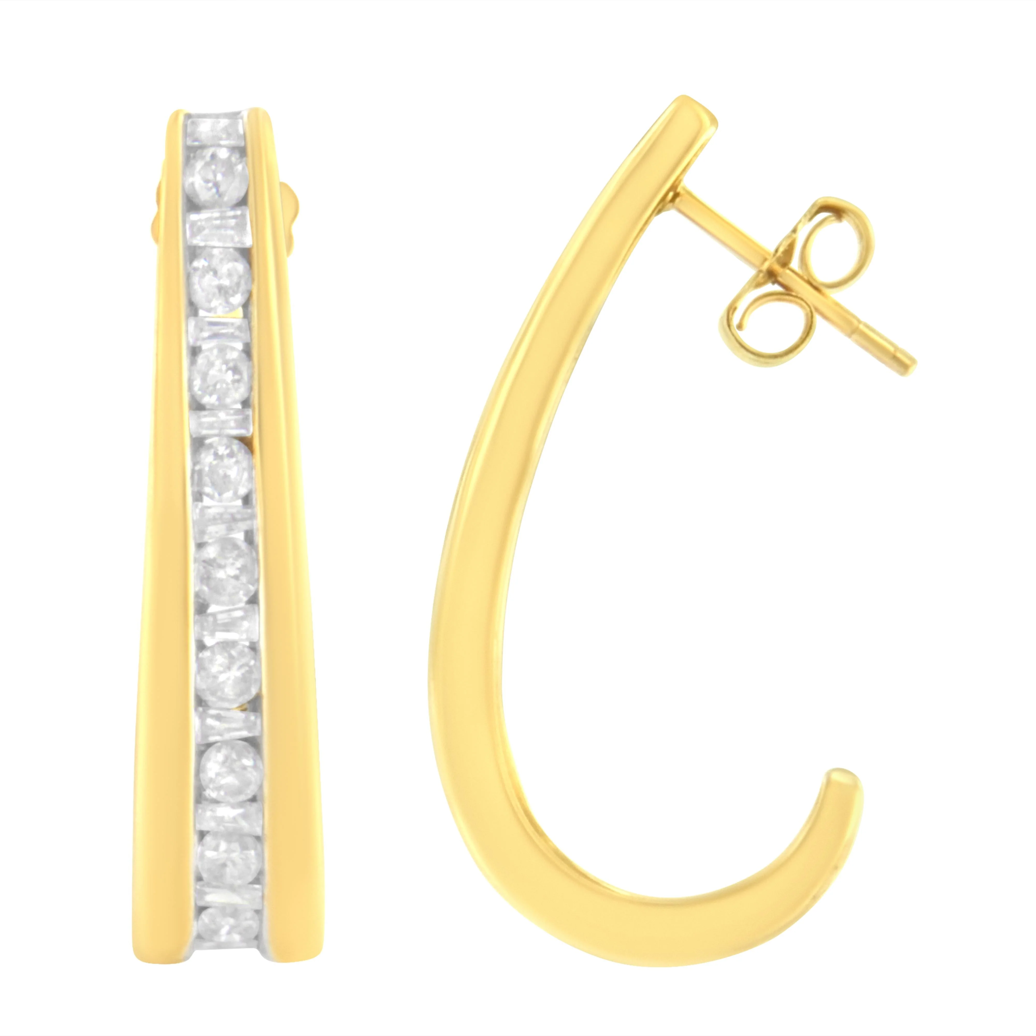 10K Yellow Gold 1 cttw Channel Set Diamond J-Hoop Earrings (H-I Clarity, I1-I2 Color) - Image 2