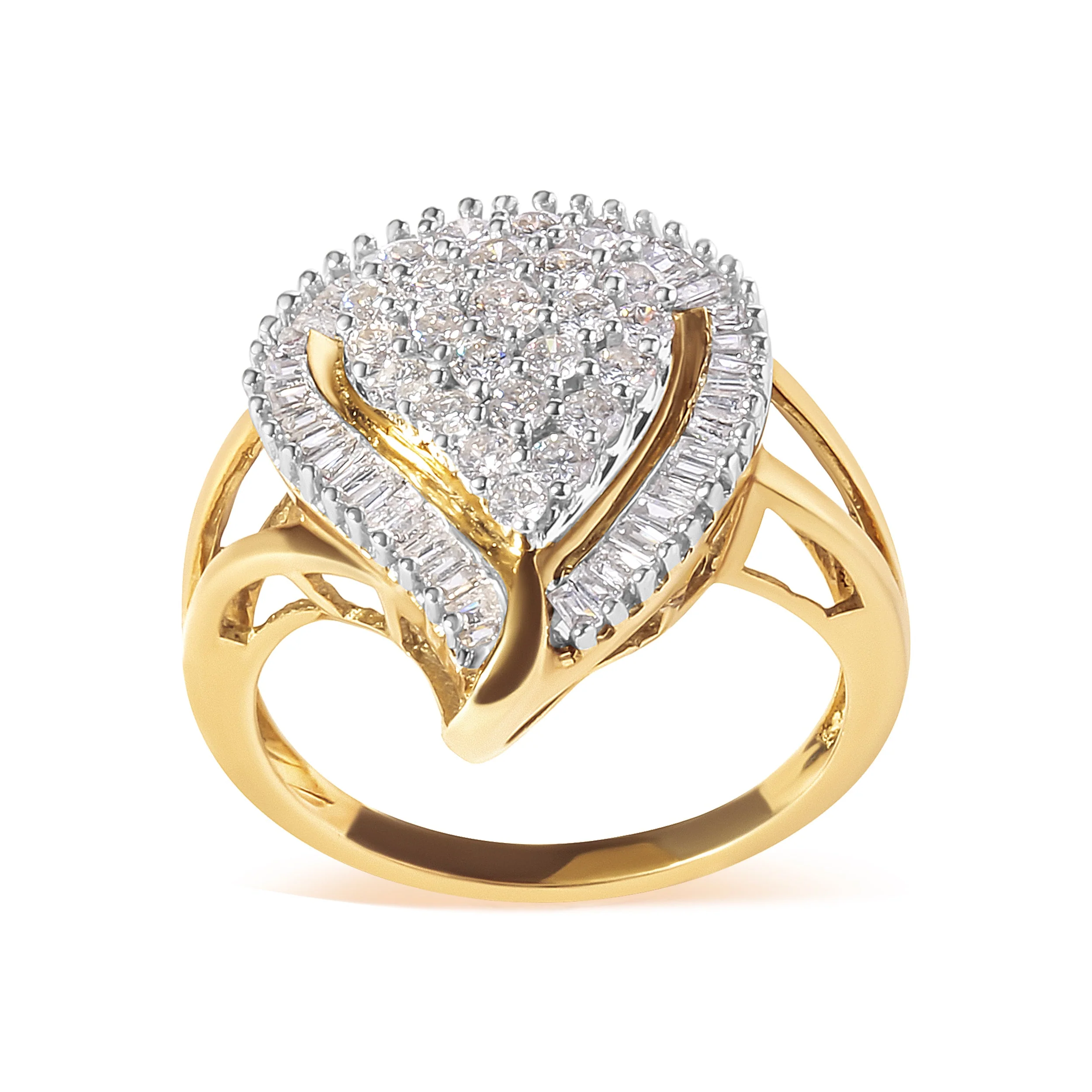 10K Yellow Gold 1 Cttw Round and Baguette Cut Diamond Ballerina Cluster Ring (H-I Color, SI2-I1 Clarity) - Image 6
