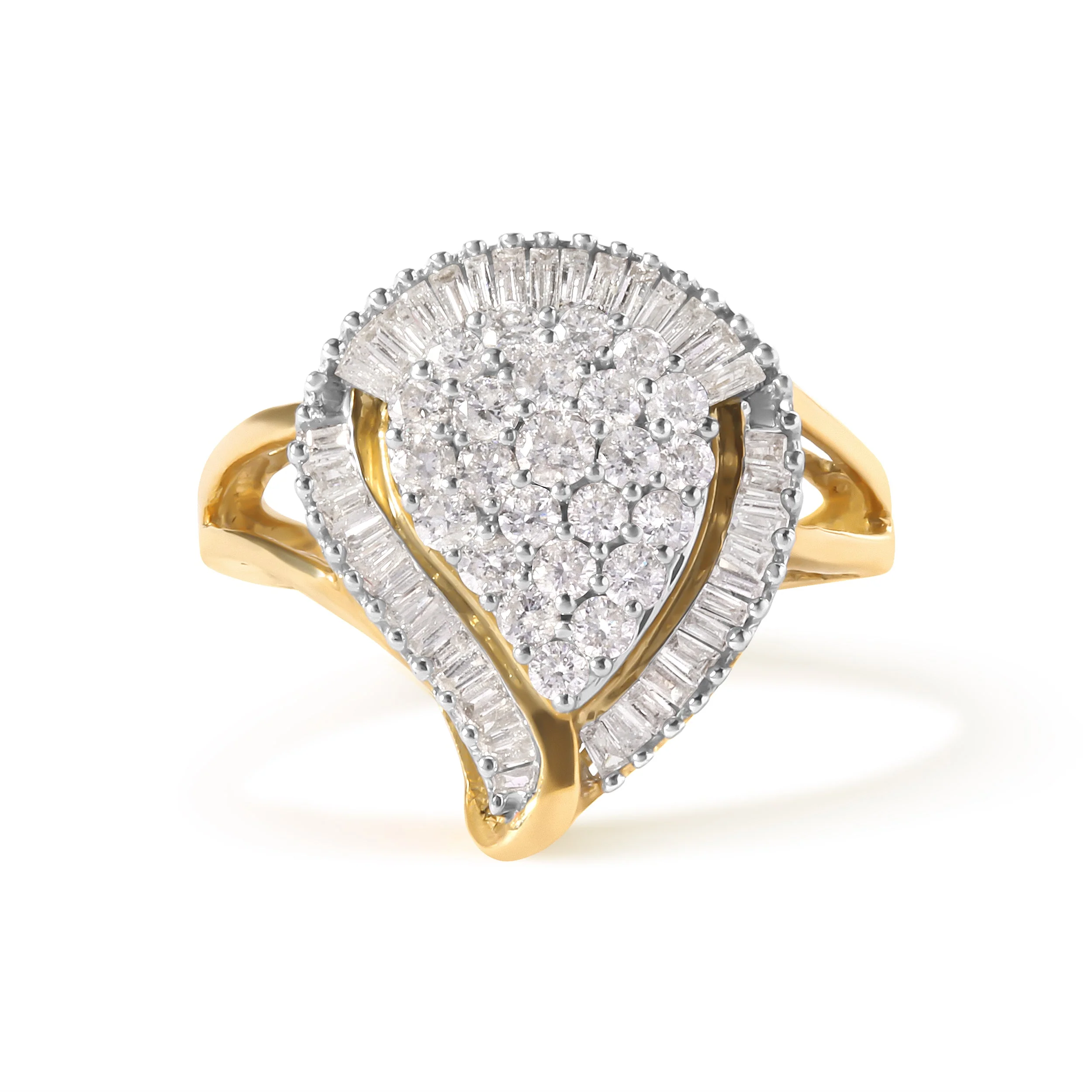 10K Yellow Gold 1 Cttw Round and Baguette Cut Diamond Ballerina Cluster Ring (H-I Color, SI2-I1 Clarity) - Image 9