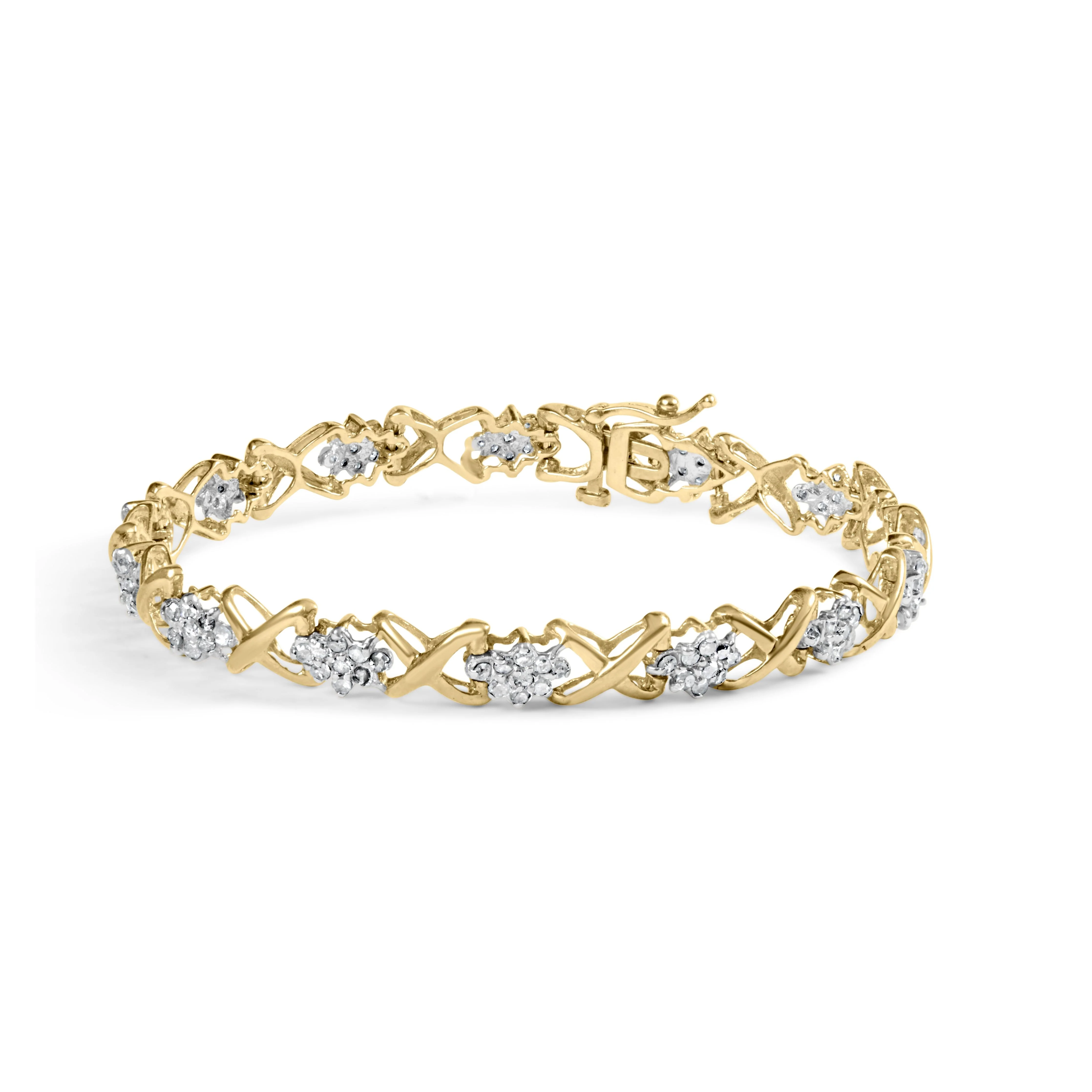 10k Yellow Gold 2.00 Cttw Diamond Cluster and Alternating "X" Link Bracelet (I-J Color, I3 Clarity) - 7" - Image 5