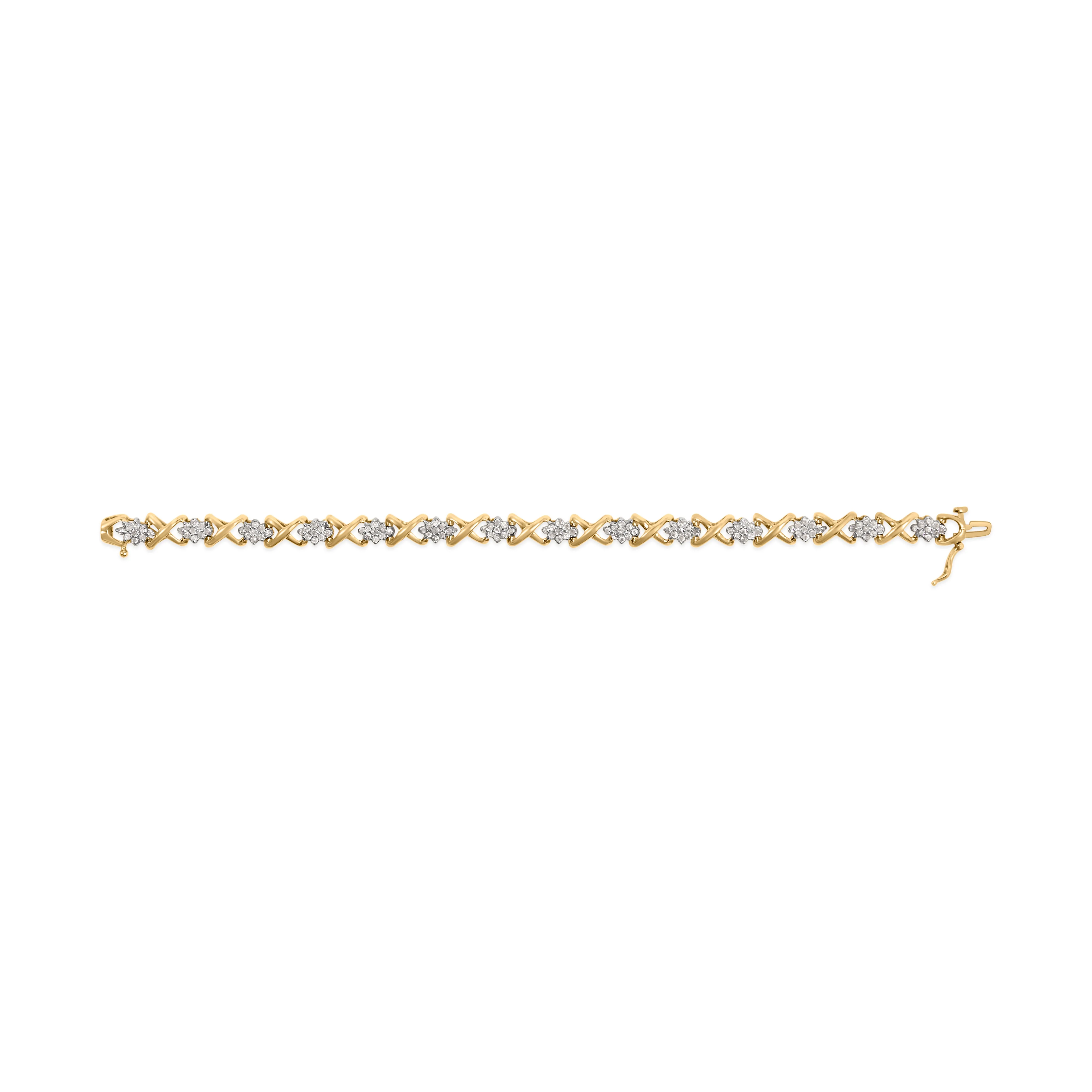 10k Yellow Gold 2.00 Cttw Diamond Cluster and Alternating "X" Link Bracelet (I-J Color, I3 Clarity) - 7" - Image 7