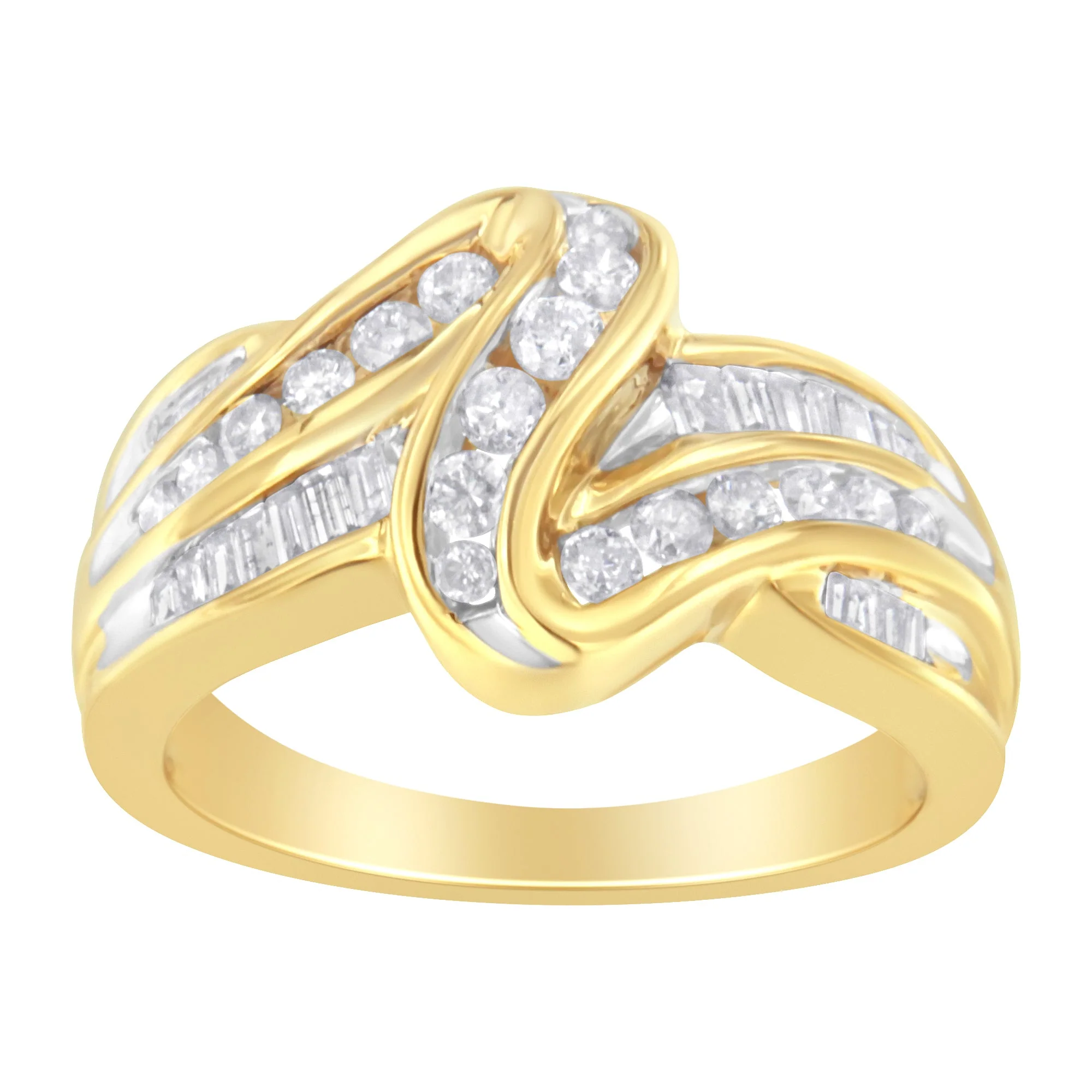 10K Yellow Gold 3/4 Cttw Channel Set Round and Baguette-cut Diamond Double Shank Bypass Ring (J-K Color, I1-I2 Clarity) - Size 6.75 - Image 2