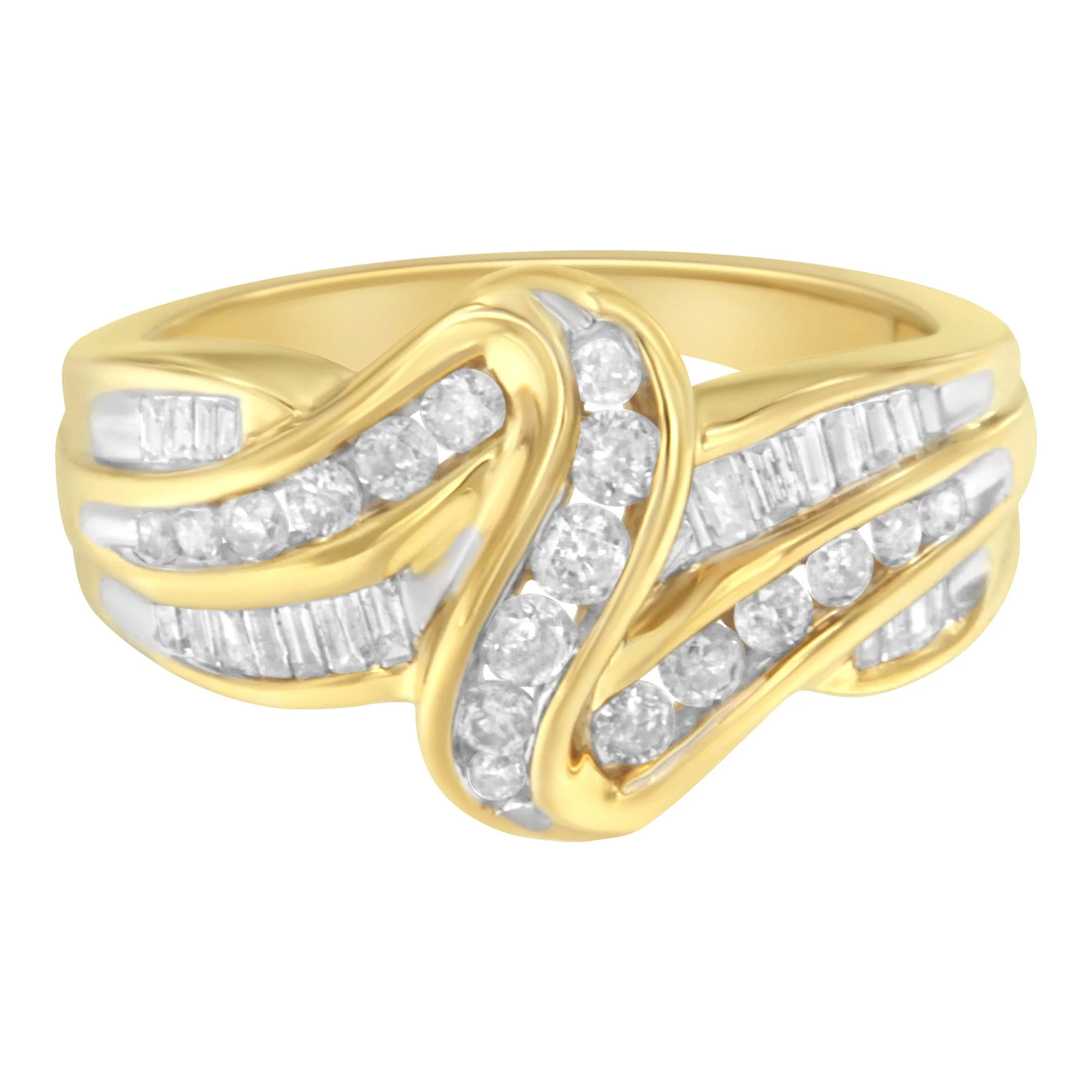10K Yellow Gold 3/4 Cttw Channel Set Round and Baguette-cut Diamond Double Shank Bypass Ring (J-K Color, I1-I2 Clarity) - Size 6.75 - Image 4
