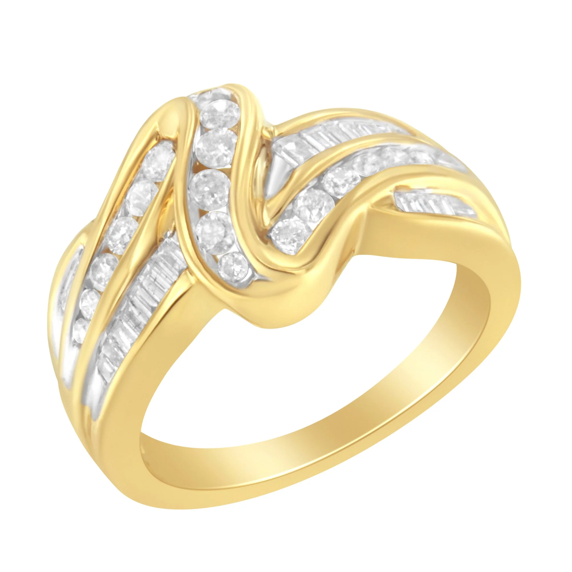 10K Yellow Gold 3/4 Cttw Channel Set Round and Baguette-cut Diamond Double Shank Bypass Ring (J-K Color, I1-I2 Clarity) - Size 6.75 - Image 6