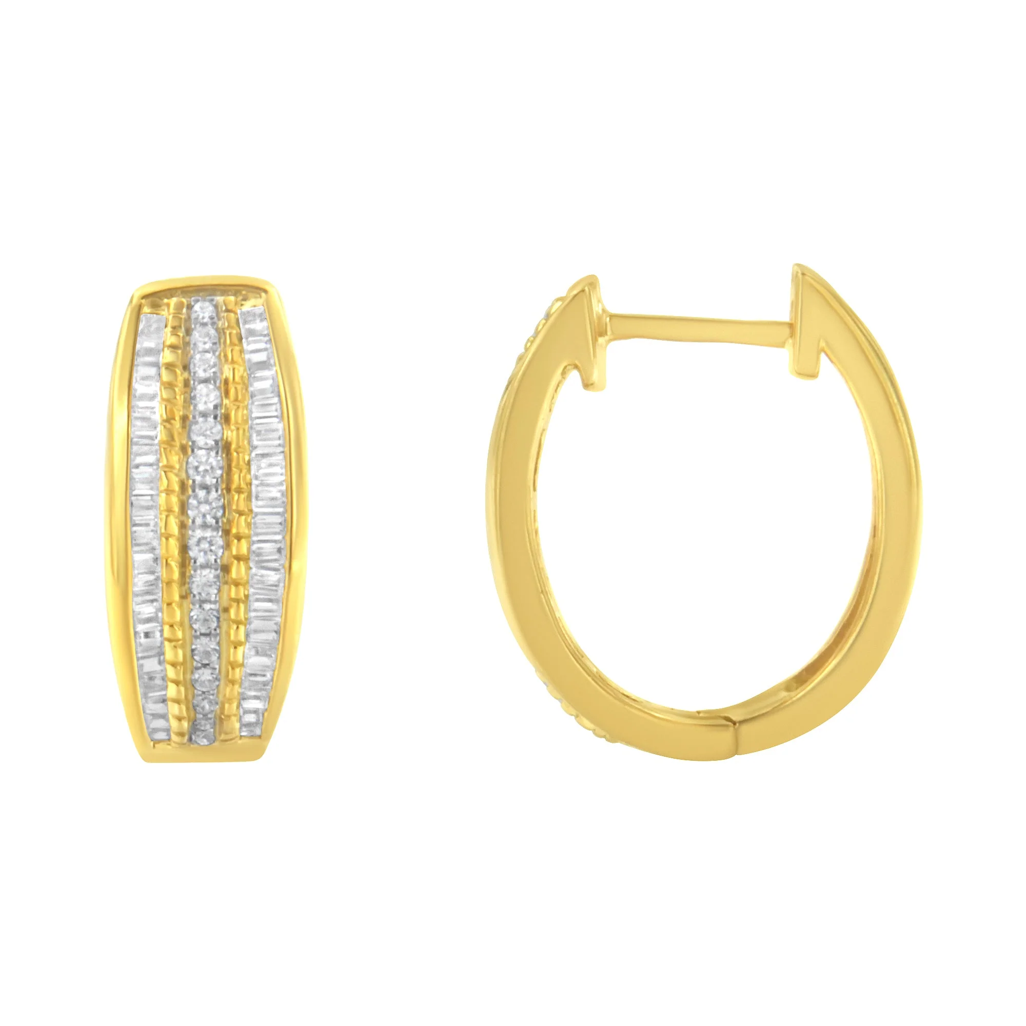 10K Yellow Gold 3/4 Cttw Pave and Channel Set Diamond Triple Row Modern Hoop Earrings (I-J Color, I2-I3 Clarity) - Image 6