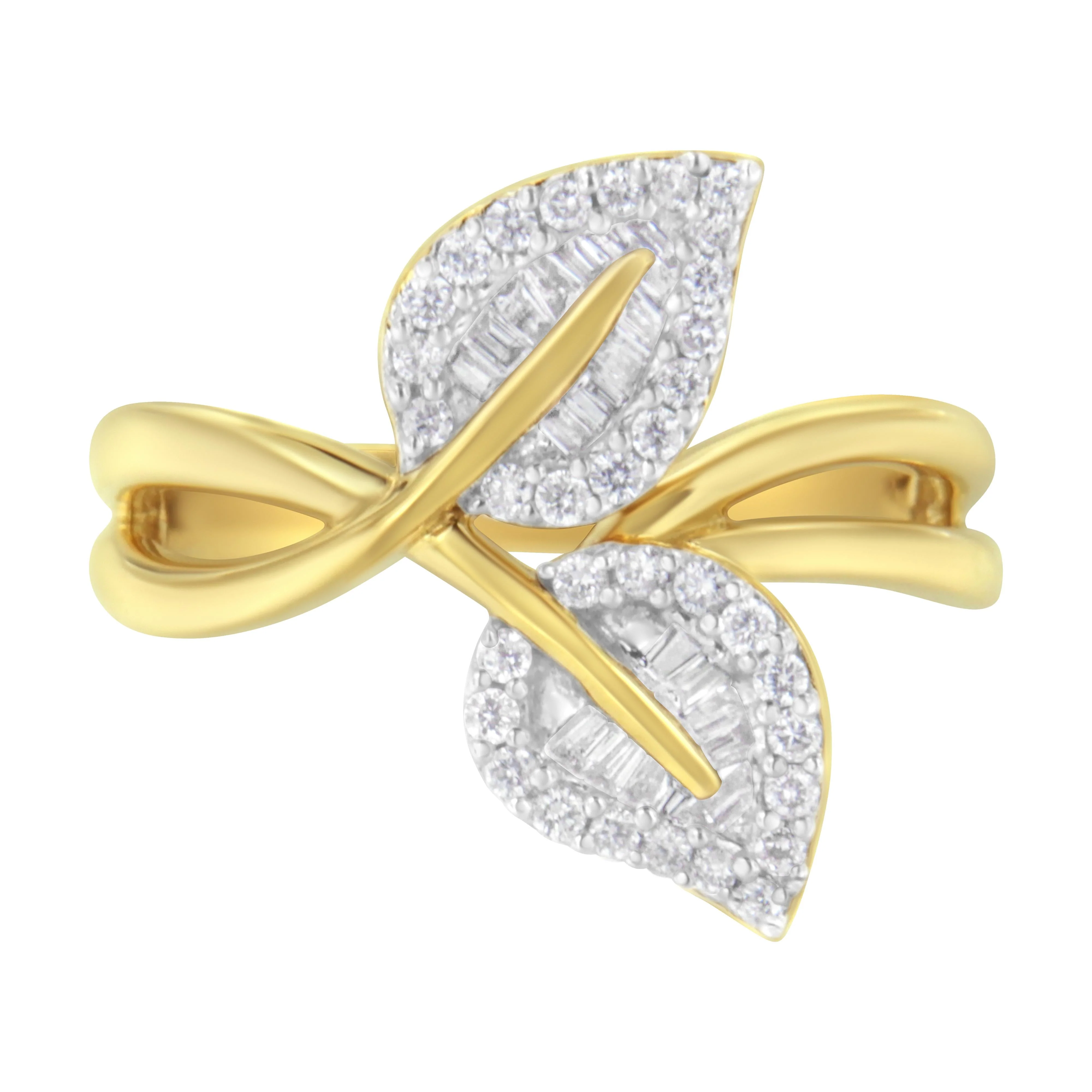 10K Yellow Gold 3/8 Cttw Round and Baguette-Cut Diamond Leaf Cocktail Ring - Size 7 (I-J Color, I1-I2 Clarity) - Image 3