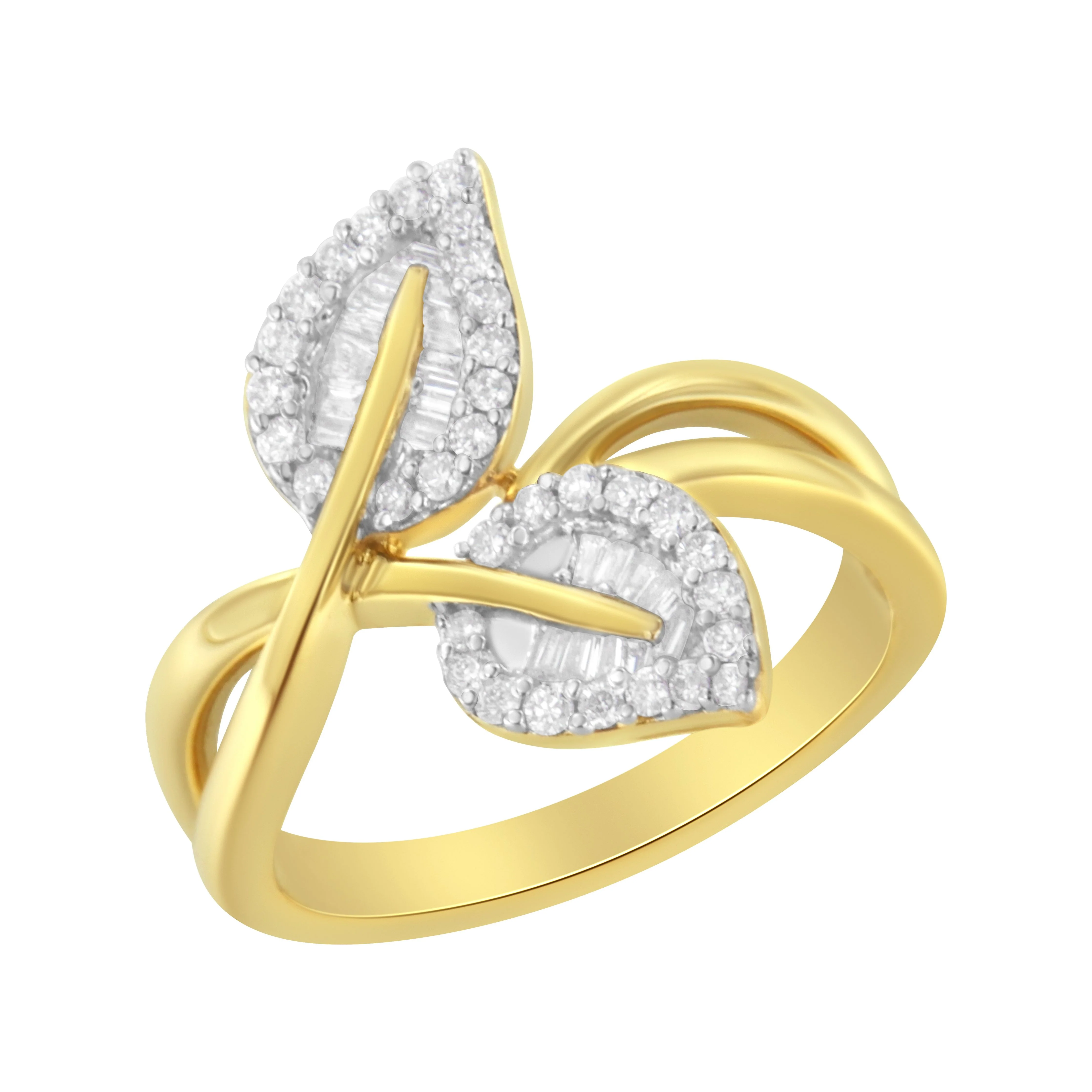 10K Yellow Gold 3/8 Cttw Round and Baguette-Cut Diamond Leaf Cocktail Ring - Size 7 (I-J Color, I1-I2 Clarity) - Image 6