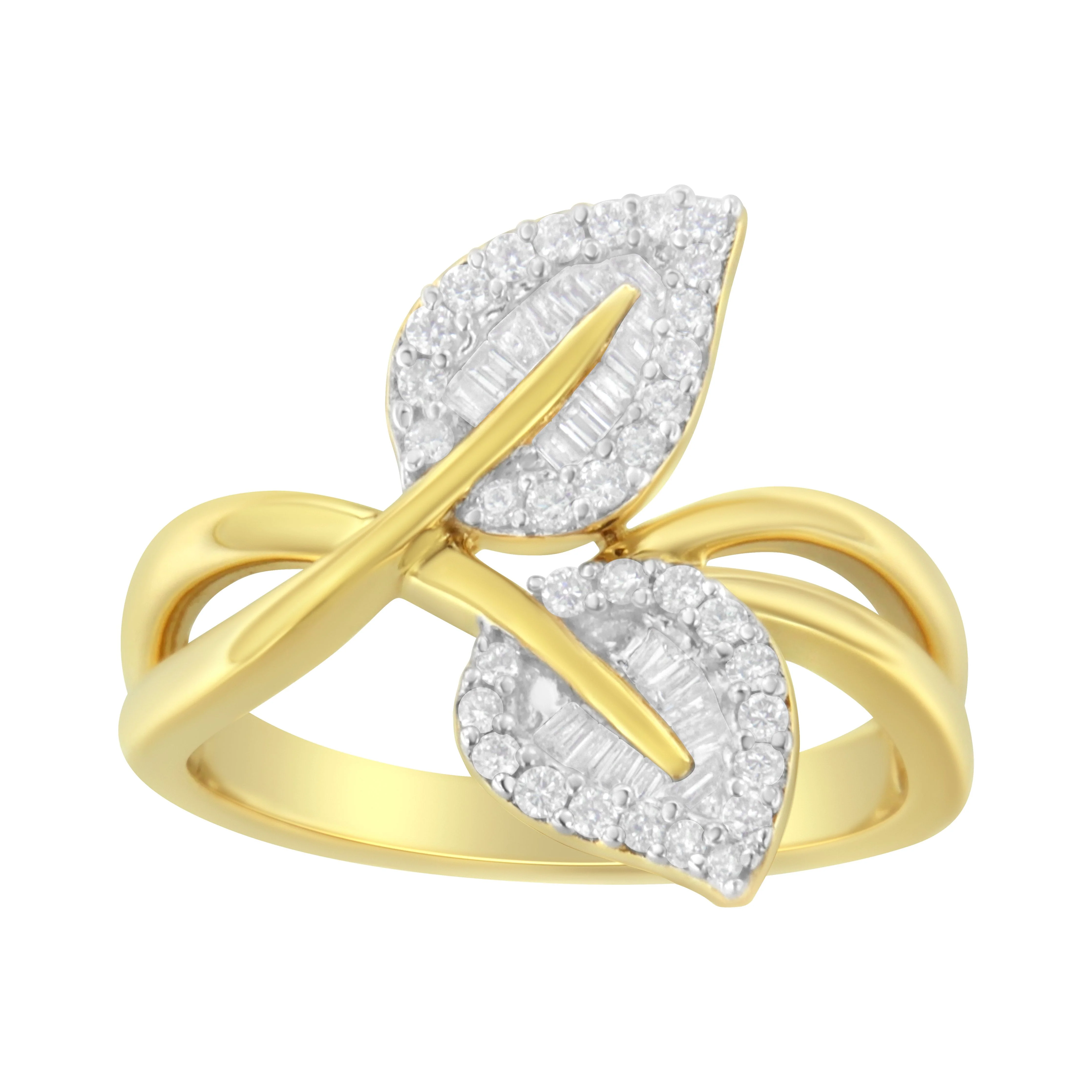10K Yellow Gold 3/8 Cttw Round and Baguette-Cut Diamond Leaf Cocktail Ring - Size 7 (I-J Color, I1-I2 Clarity) - Image 7