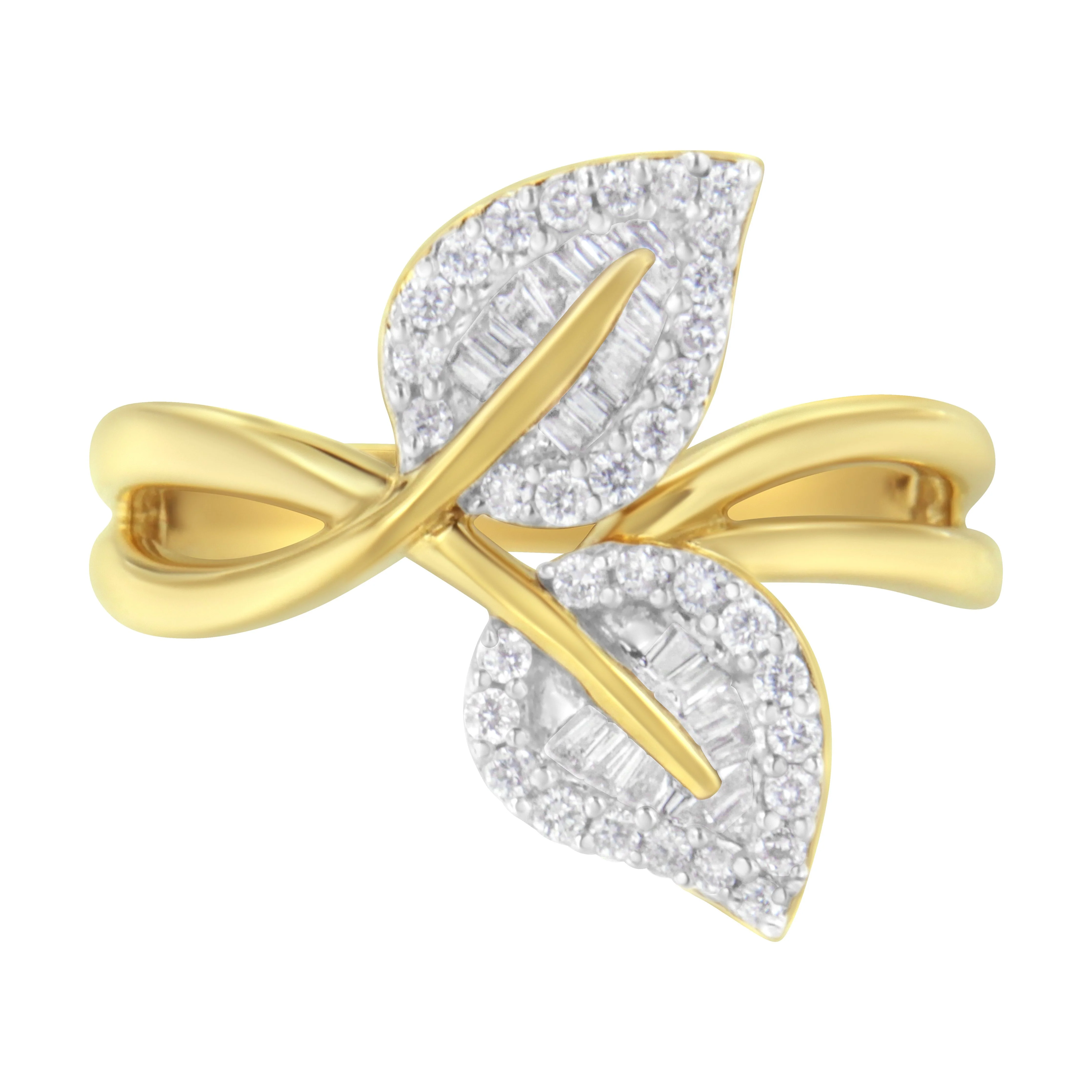 10K Yellow Gold 3/8 Cttw Round and Baguette-Cut Diamond Leaf Cocktail Ring - Size 7 (I-J Color, I1-I2 Clarity) - Image 8