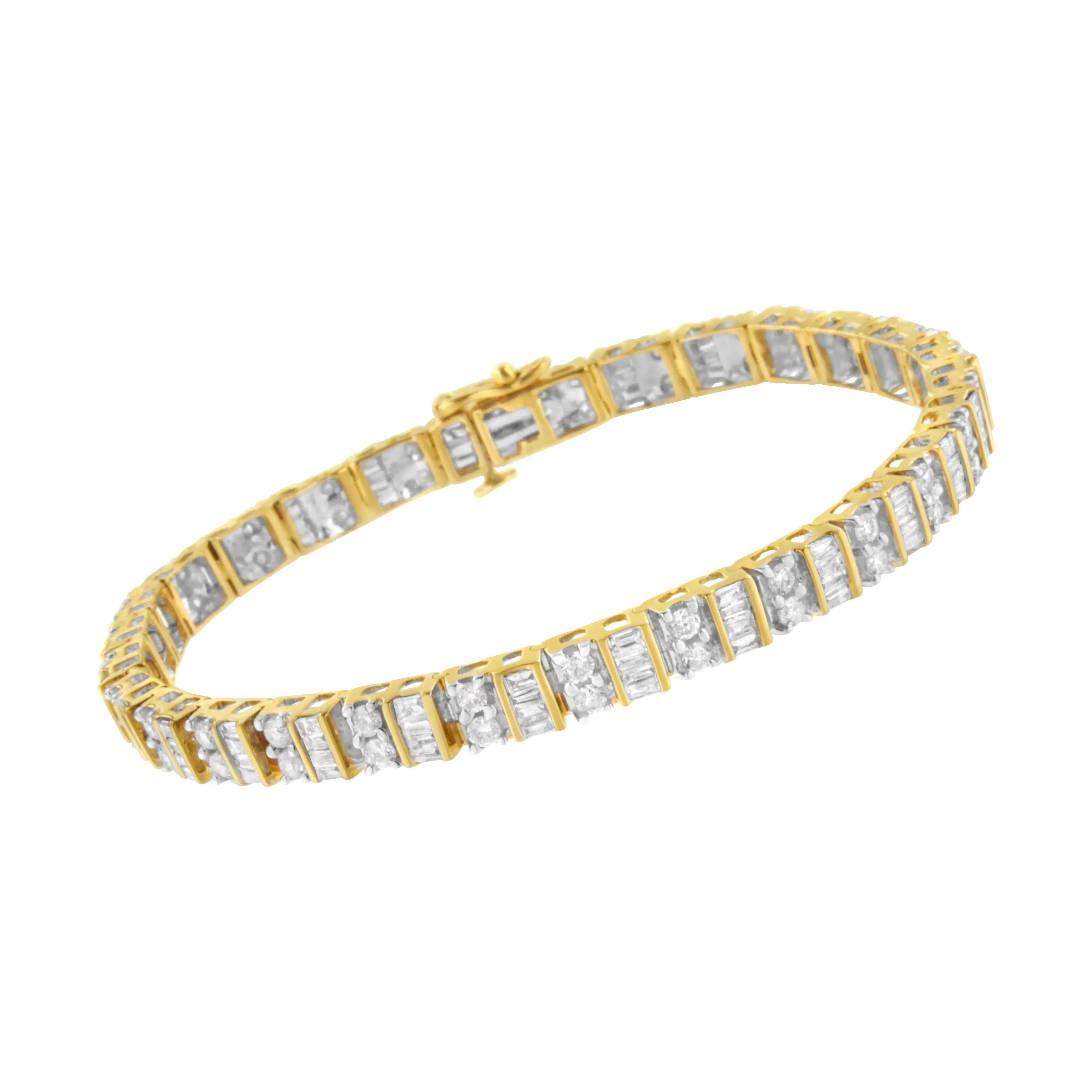 10K Yellow Gold 4.0 Cttw Alternating Baguette & Round Cut Diamond Bezel- & Prong-Set 7" Tennis Bracelet (G-H Color, SI1-SI2 Clarity) - Image 3