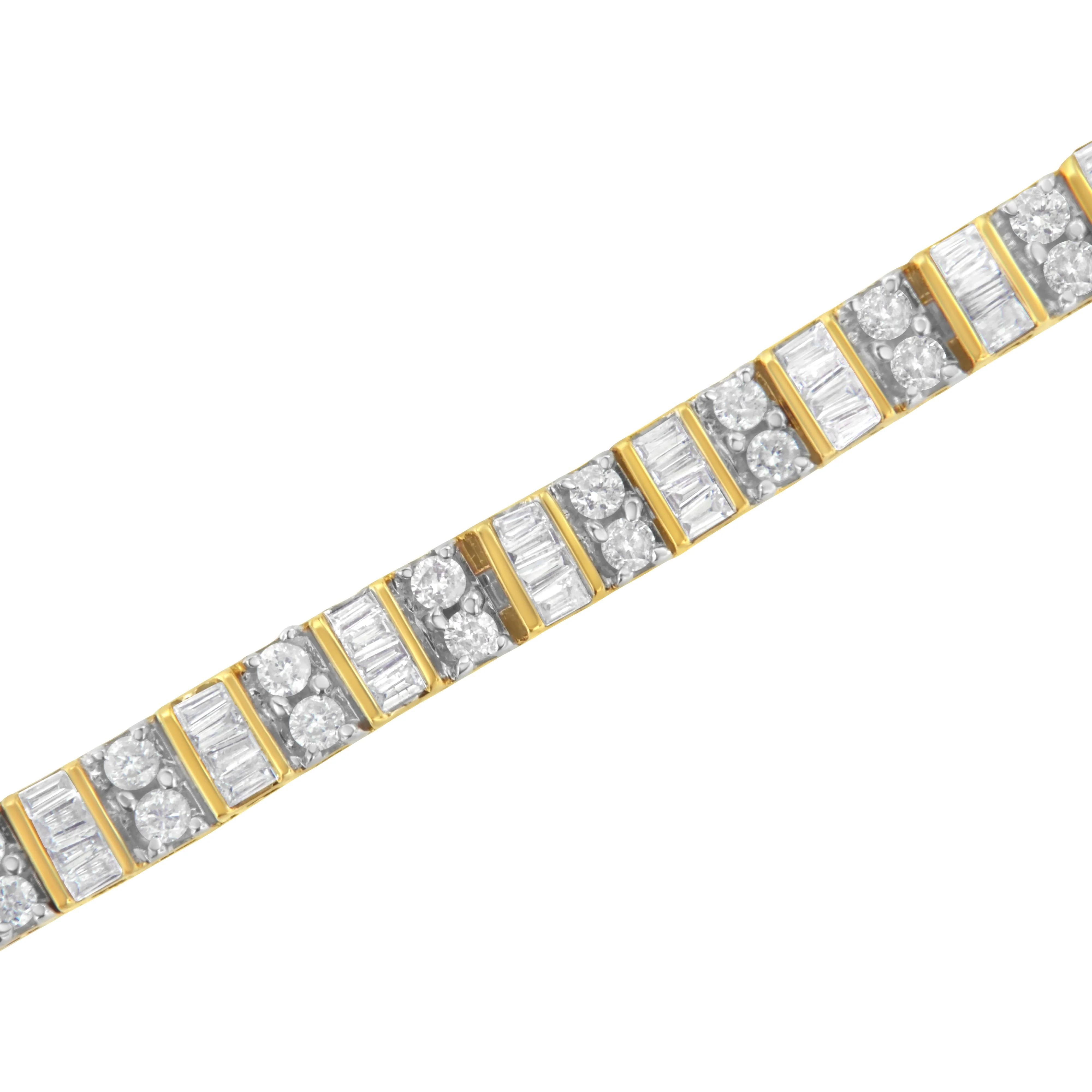 10K Yellow Gold 4.0 Cttw Alternating Baguette & Round Cut Diamond Bezel- & Prong-Set 7" Tennis Bracelet (G-H Color, SI1-SI2 Clarity) - Image 4