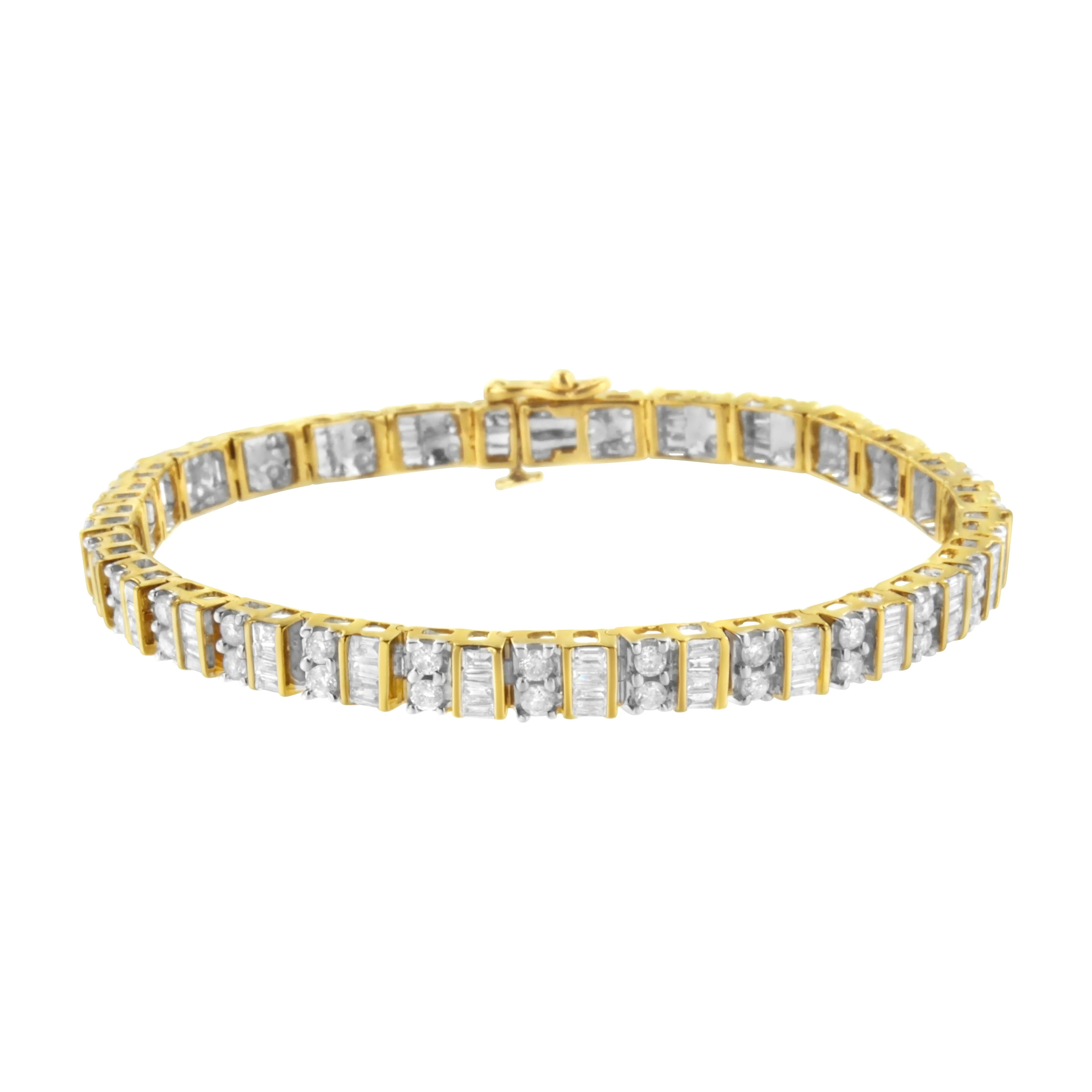 10K Yellow Gold 4.0 Cttw Alternating Baguette & Round Cut Diamond Bezel- & Prong-Set 7" Tennis Bracelet (G-H Color, SI1-SI2 Clarity) - Image 6