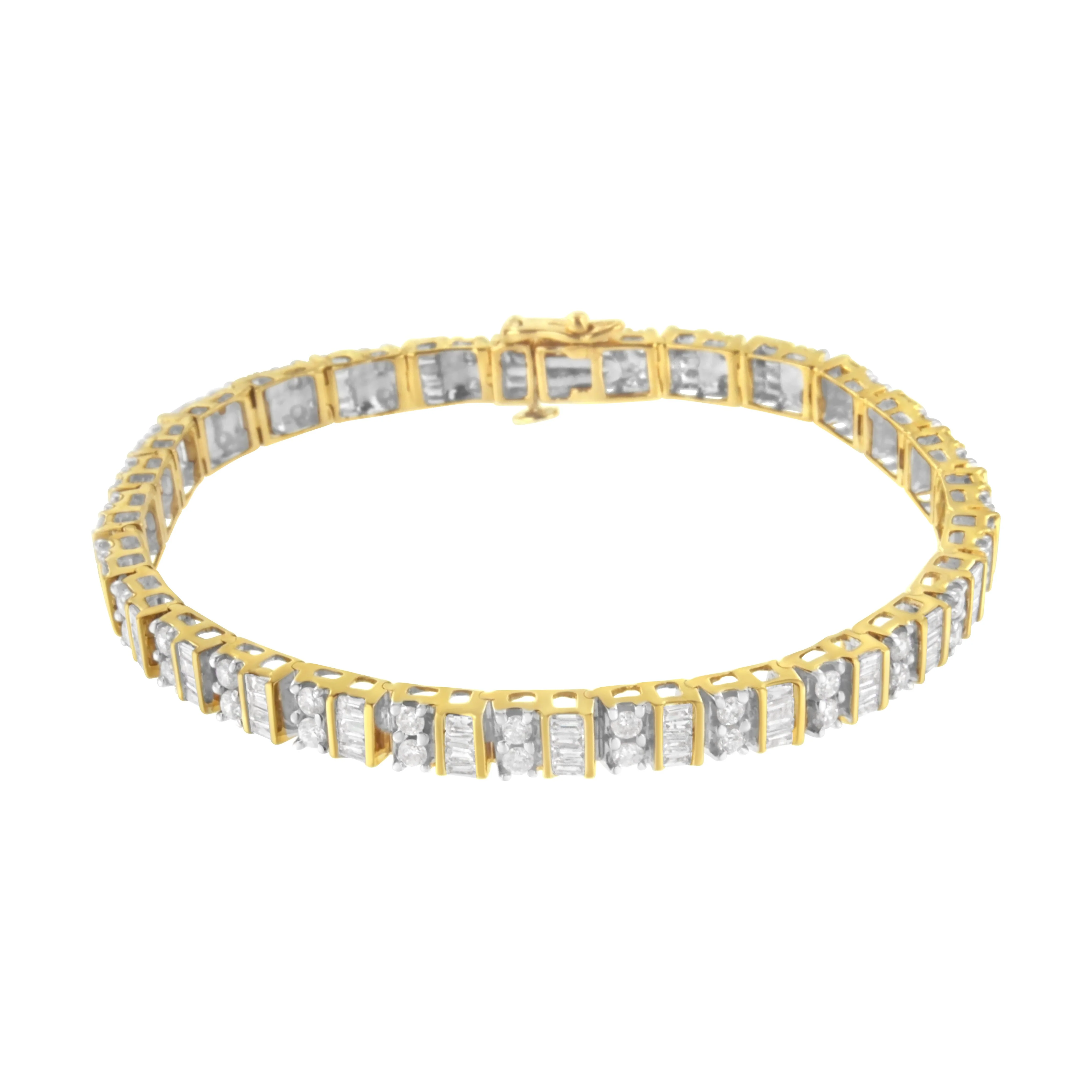 10K Yellow Gold 4.0 Cttw Alternating Baguette & Round Cut Diamond Bezel- & Prong-Set 7" Tennis Bracelet (G-H Color, SI1-SI2 Clarity) - Image 7