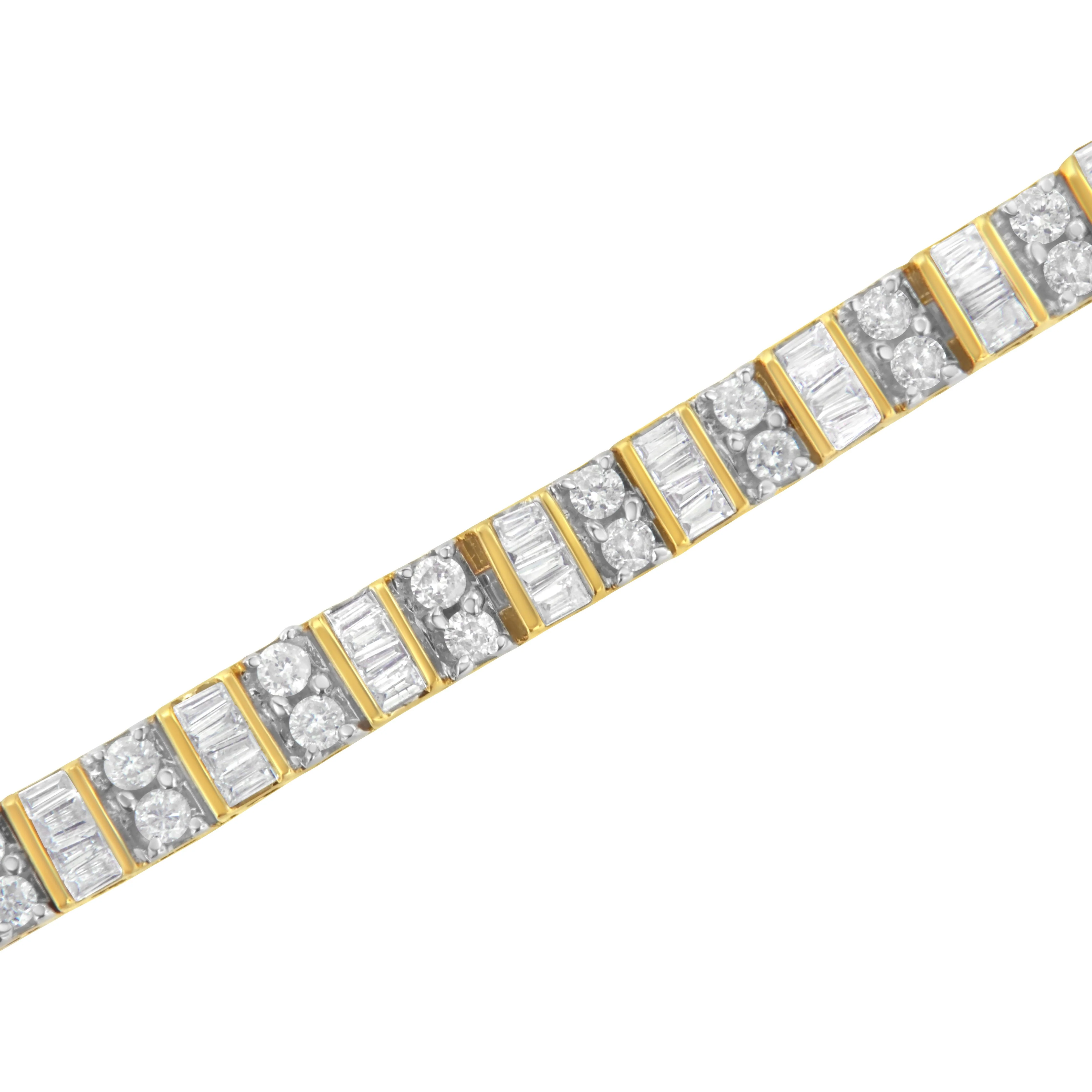 10K Yellow Gold 4.0 Cttw Alternating Baguette & Round Cut Diamond Bezel- & Prong-Set 7" Tennis Bracelet (G-H Color, SI1-SI2 Clarity) - Image 9