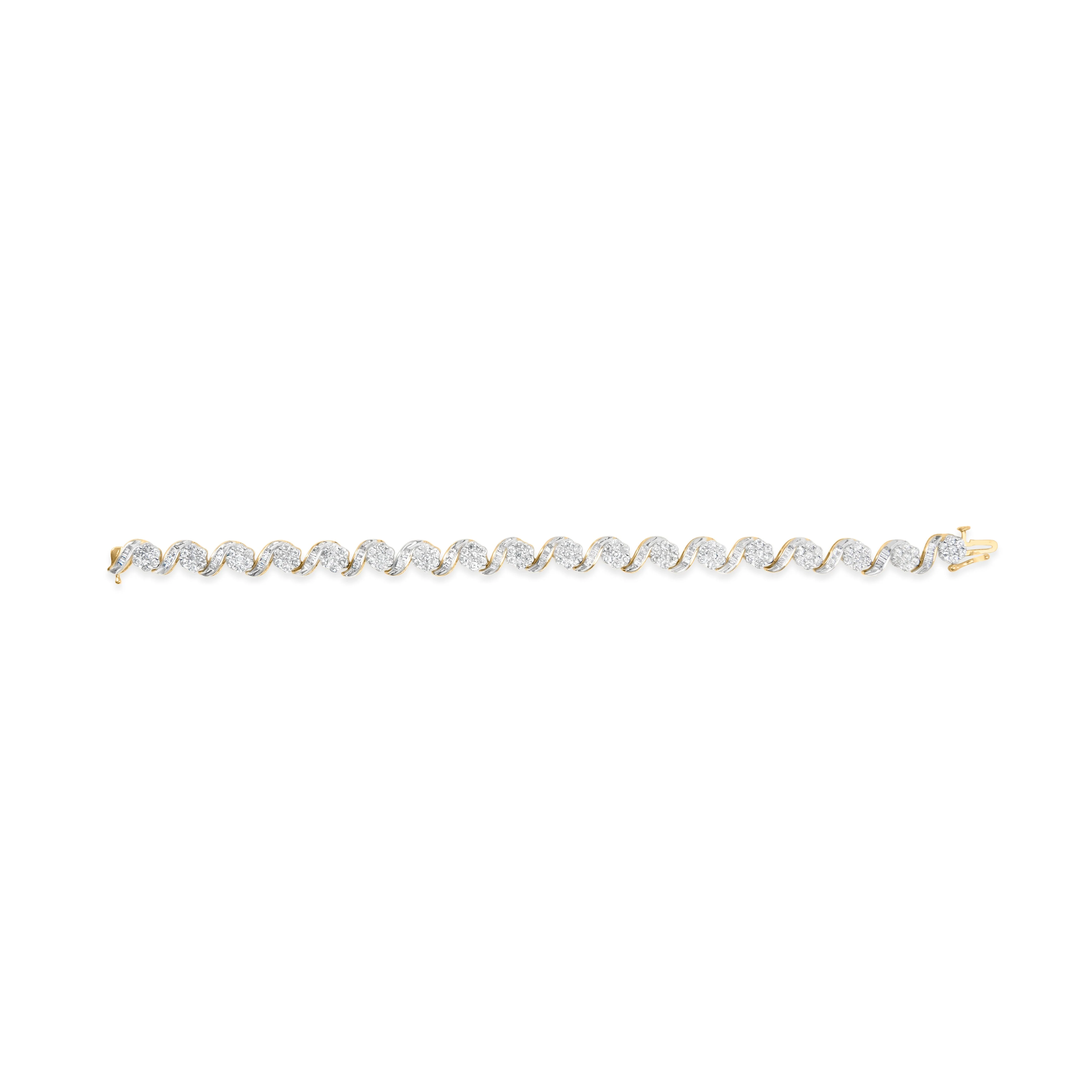 10k Yellow Gold 5.00 Cttw Round-Cut and Baguette-Cut Diamond Floral Link 7.25" Bracelet (I-J Color, I2-I3 Clarity) - Image 4
