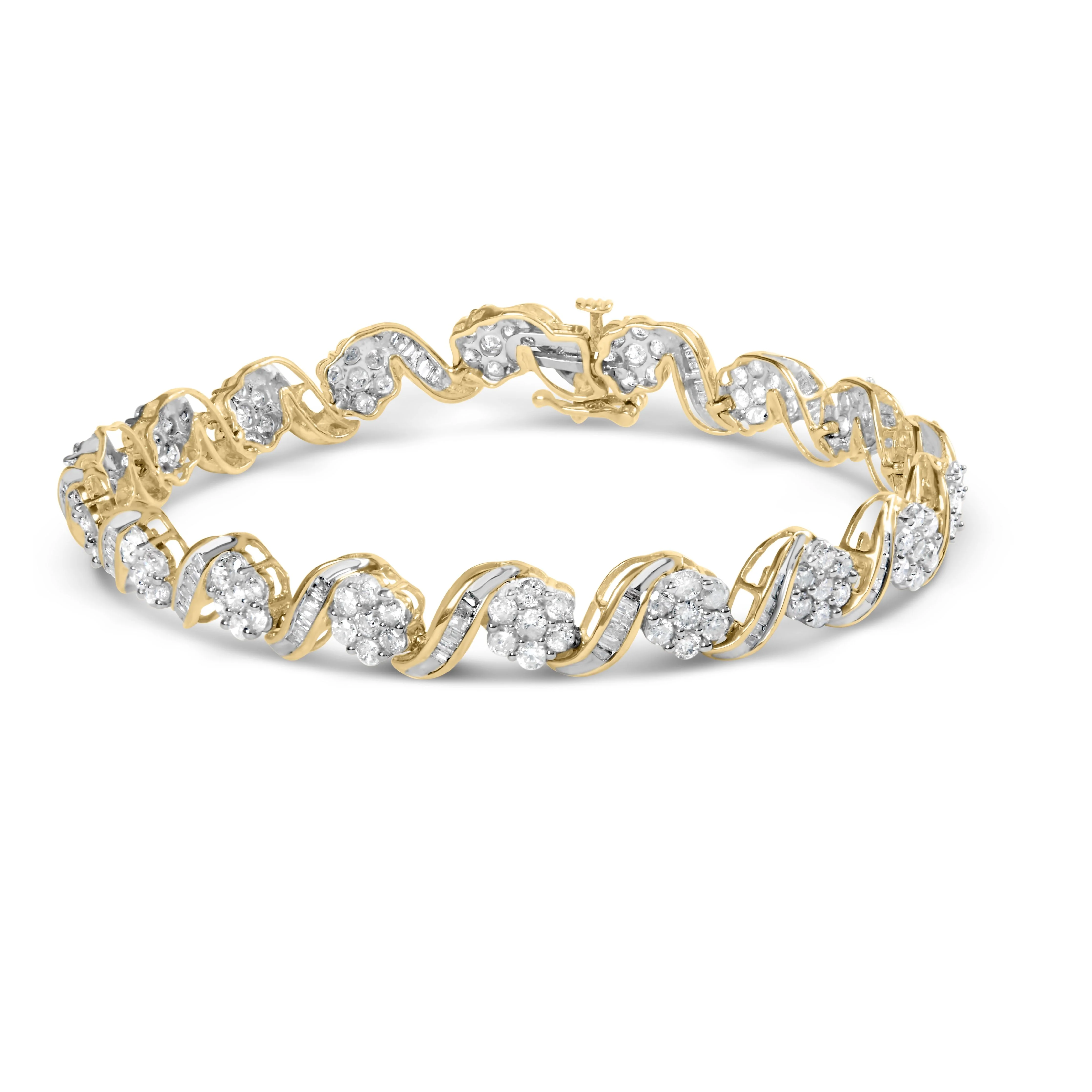 10k Yellow Gold 5.00 Cttw Round-Cut and Baguette-Cut Diamond Floral Link 7.25" Bracelet (I-J Color, I2-I3 Clarity) - Image 5