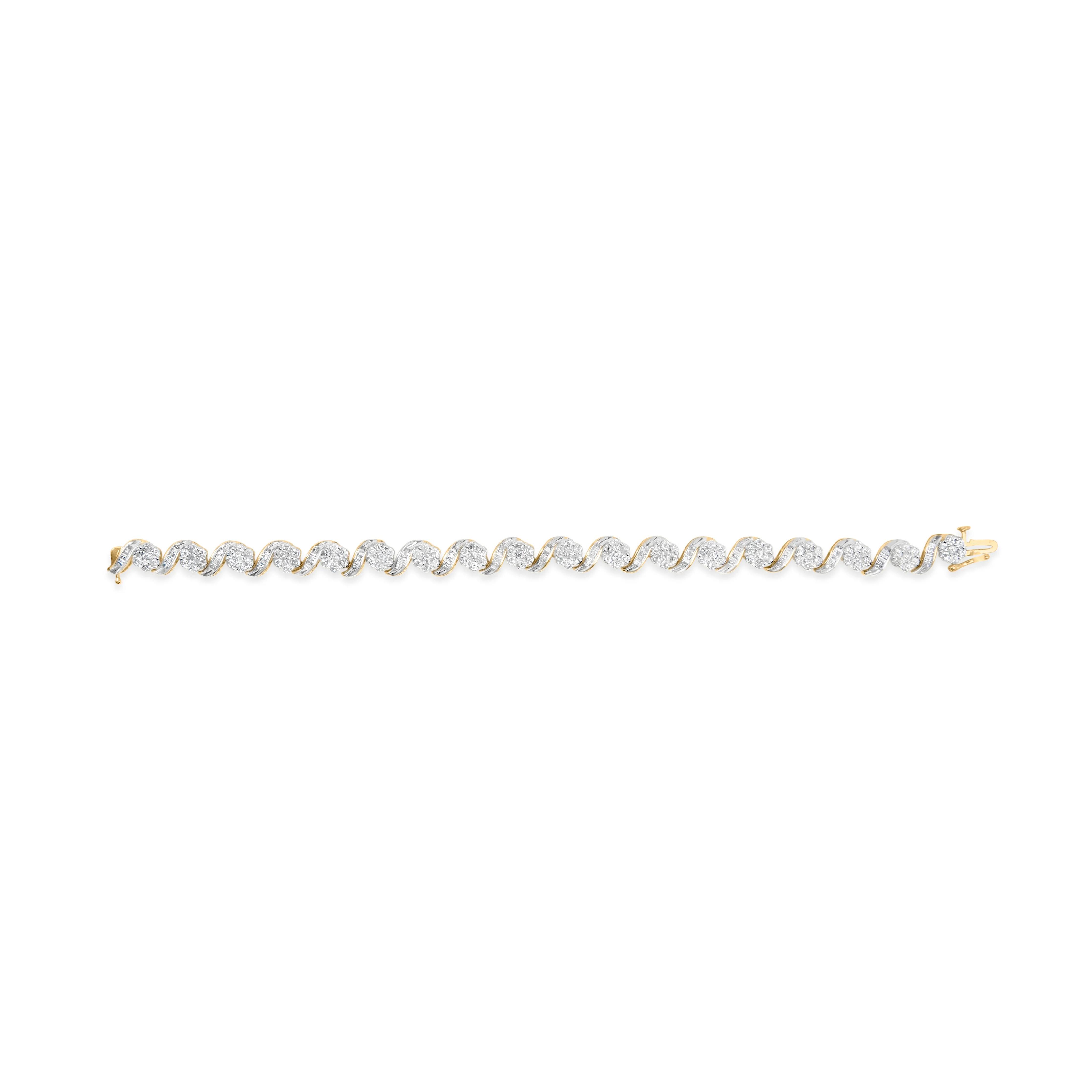 10k Yellow Gold 5.00 Cttw Round-Cut and Baguette-Cut Diamond Floral Link 7.25" Bracelet (I-J Color, I2-I3 Clarity) - Image 7