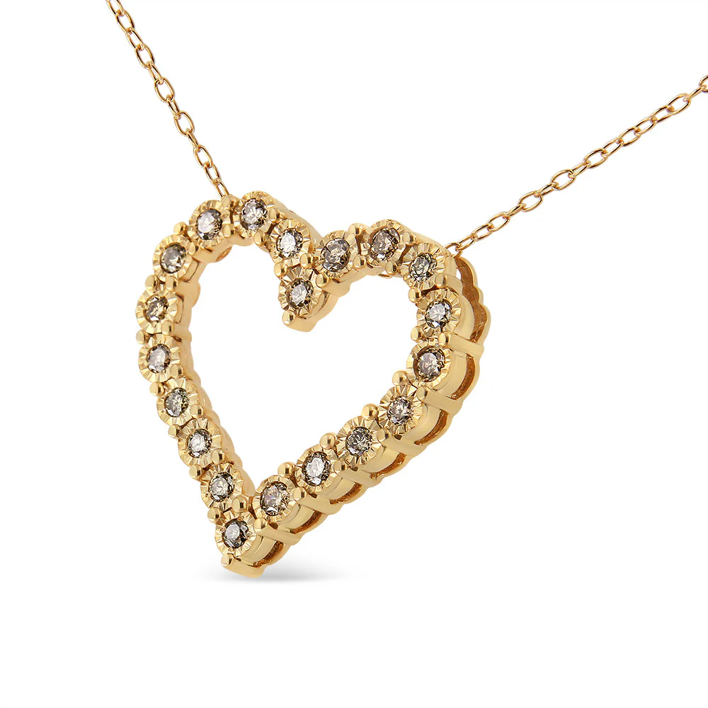 10K Yellow Gold Flashed .925 Sterling Silver 1/2 Cttw Champagne Diamond Miracle Plate Heart Pendant Necklace (K-L Color, I1-I2 Clarity) - 18" - Image 6