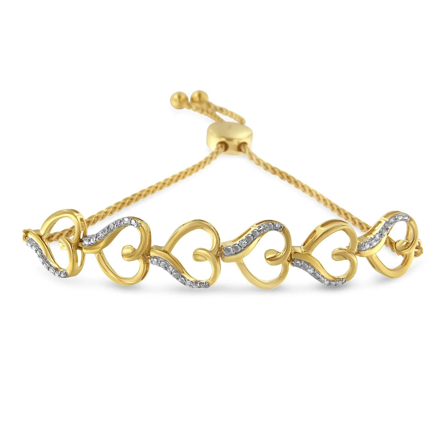 10K Yellow Gold over .925 Sterling Silver Diamond Accented Open Hearts 6â€-9†Adjustable Chain Bolo Bracelet (H-I Color, I2-I3 Clarity)