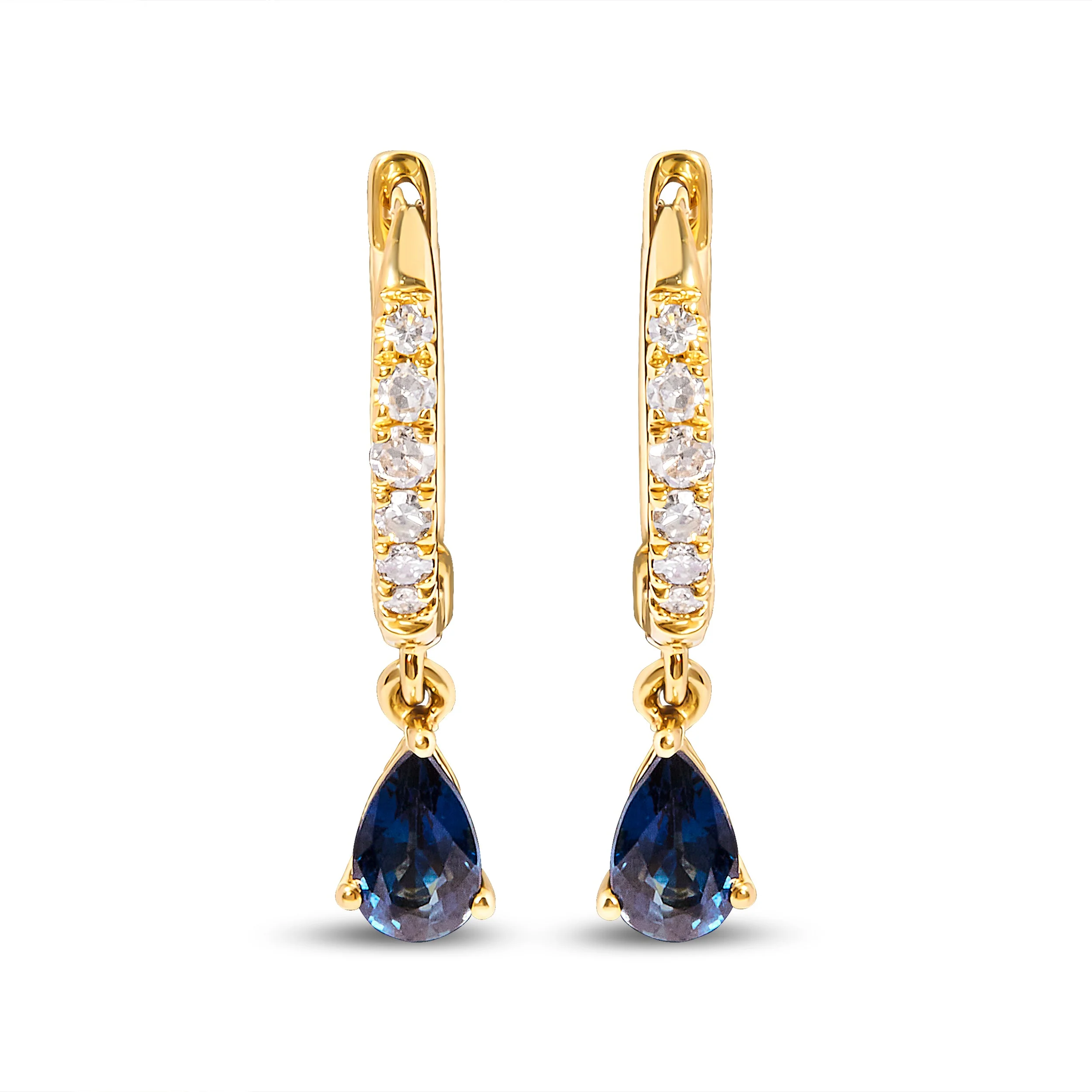 10K Yellow Gold Pear Blue Sapphire and 1/10 Cttw Diamond Drop and Dangle Huggy Hoop Earrings (H-I Color, I1-I2 Clarity) - Image 5