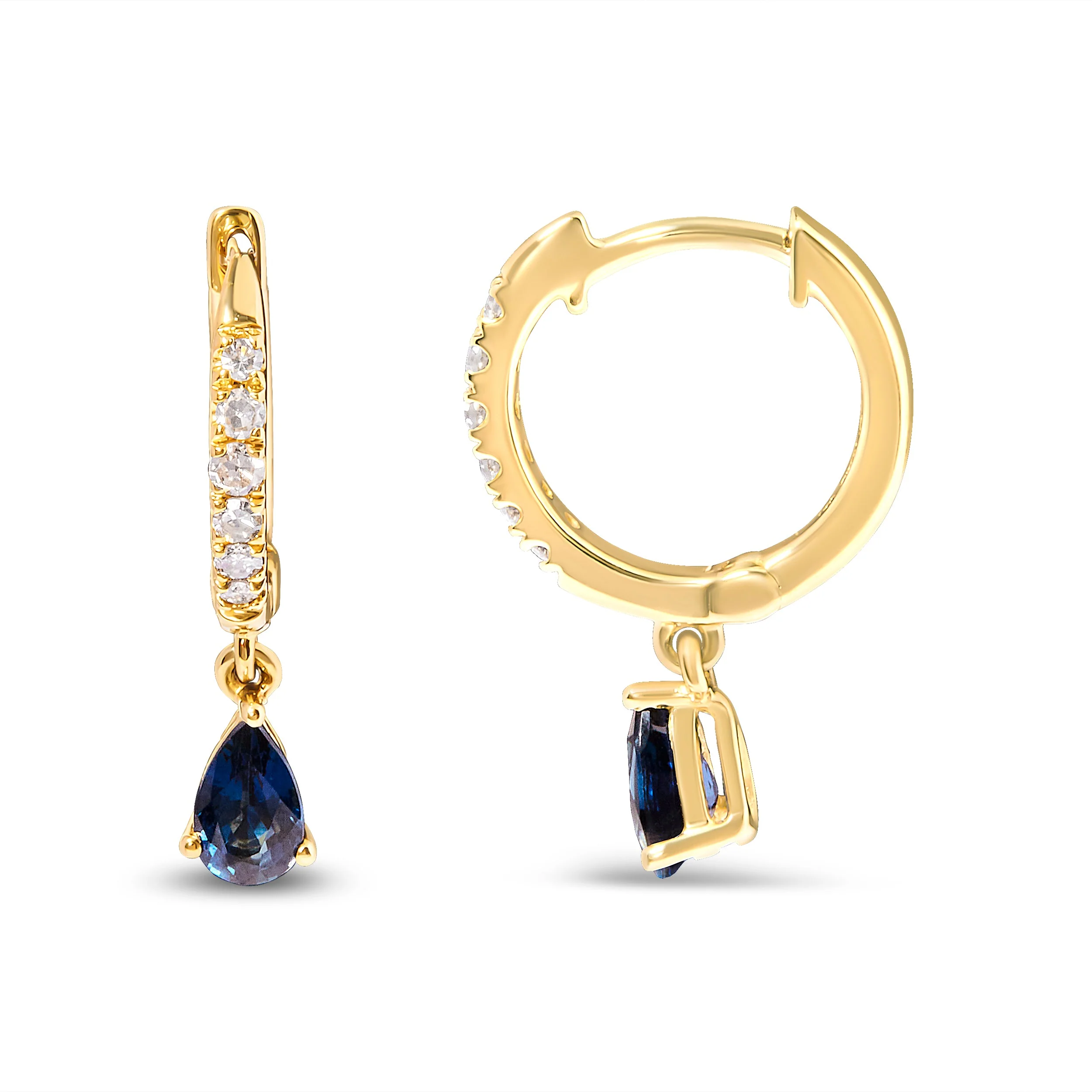 10K Yellow Gold Pear Blue Sapphire and 1/10 Cttw Diamond Drop and Dangle Huggy Hoop Earrings (H-I Color, I1-I2 Clarity) - Image 6