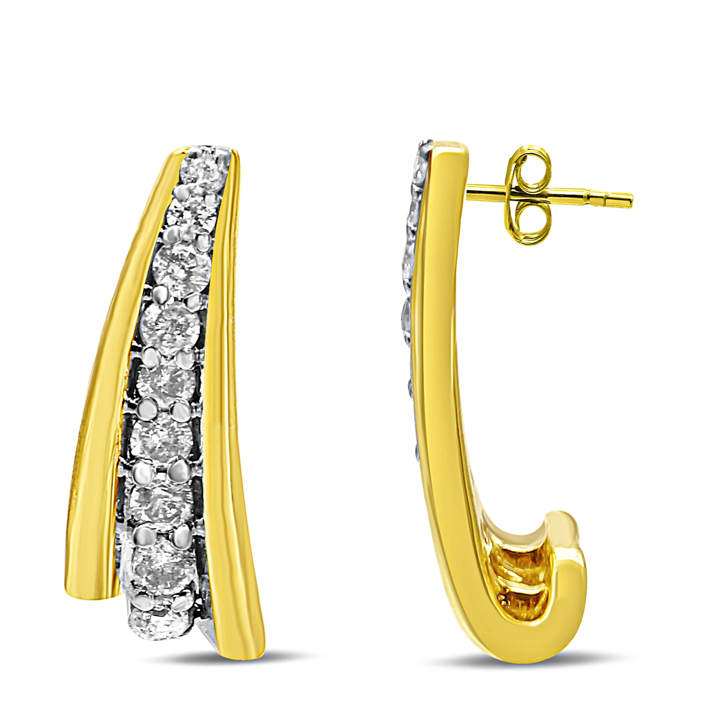 10K Yellow Gold Plated .925 Sterling Silver 0.50 Cttw Round Diamond Graduated Huggie Earrings (I-J Color, I2-I3 Clarity) - Image 6