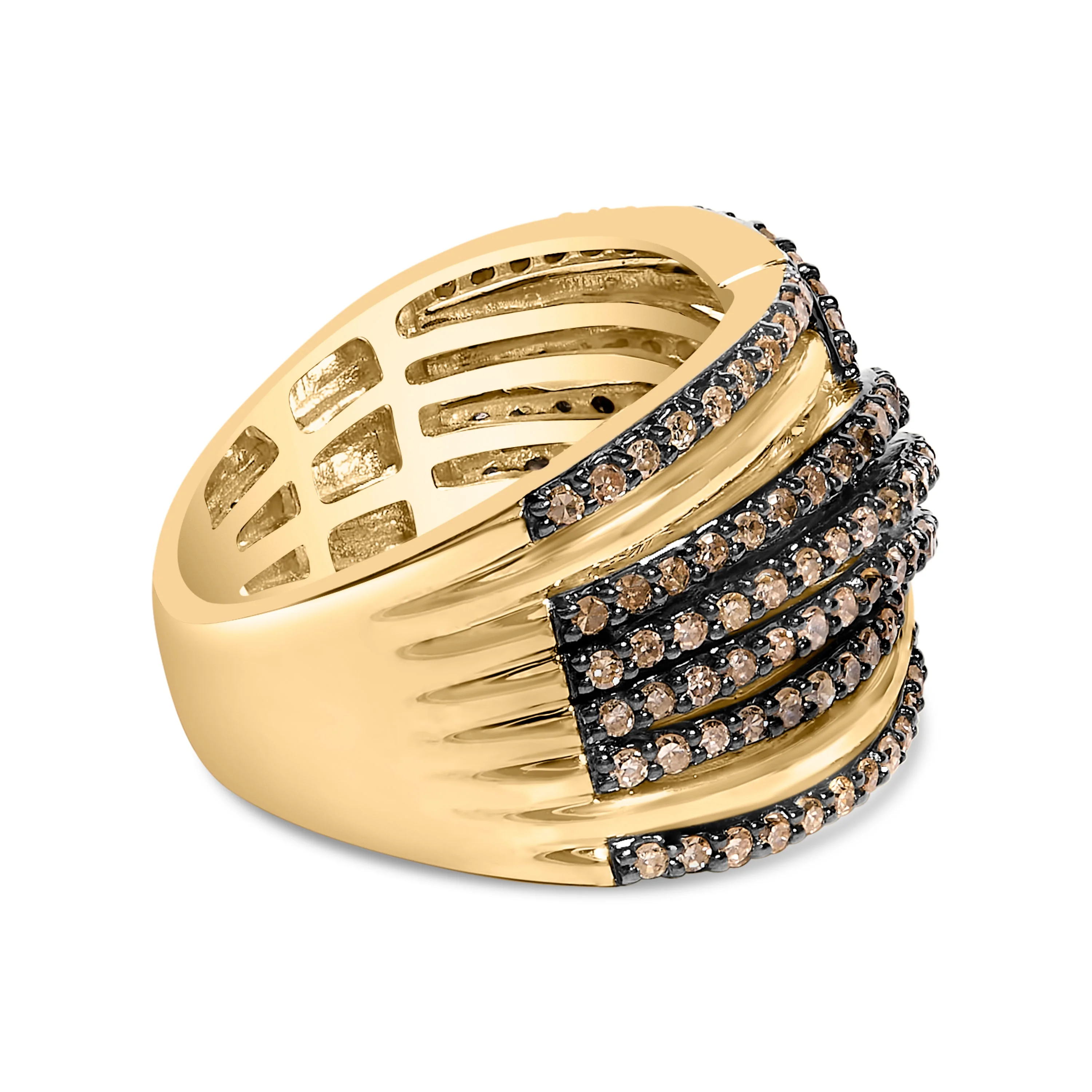 10K Yellow Gold Plated .925 Sterling Silver 1.0 Cttw Champagne Diamond Multi Row Cross Over Band Ring - Size 7 - Image 2
