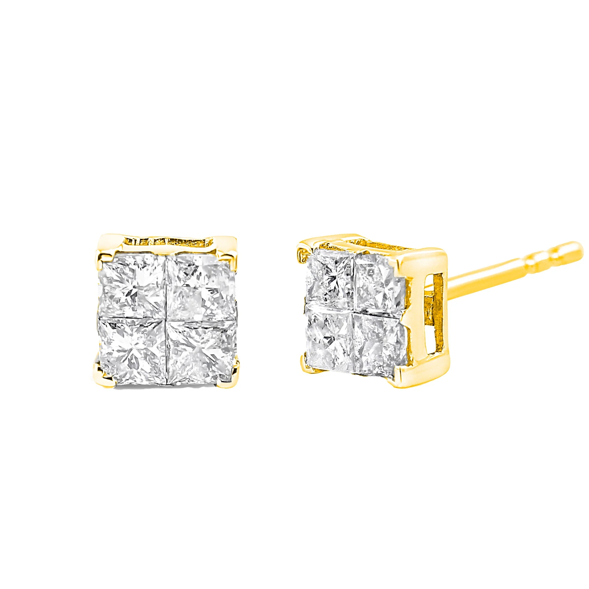 10K Yellow Gold Plated .925 Sterling Silver 1.0 Cttw Princess-Cut Diamond Composite Multi Stone Stud Earrings (J-K Color, SI2-I1 Clarity) - Image 4