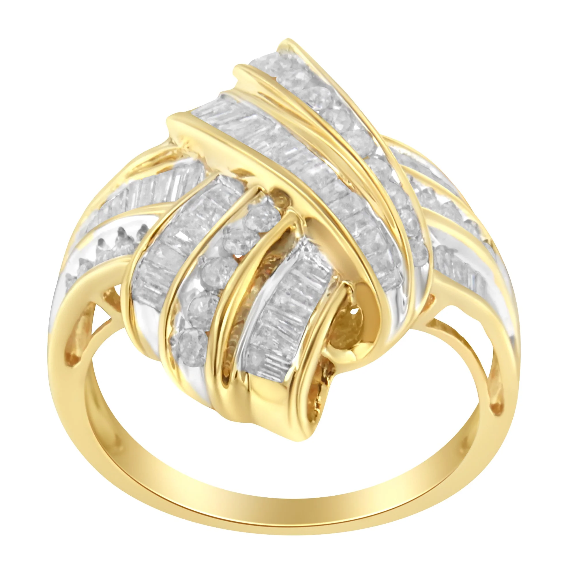 10K Yellow Gold Plated .925 Sterling Silver 1.0 Cttw Round & Baguette Diamond Knot Channel Statement Ring (I-J Color, I2-I3 Clarity) - Size 6 - Image 4
