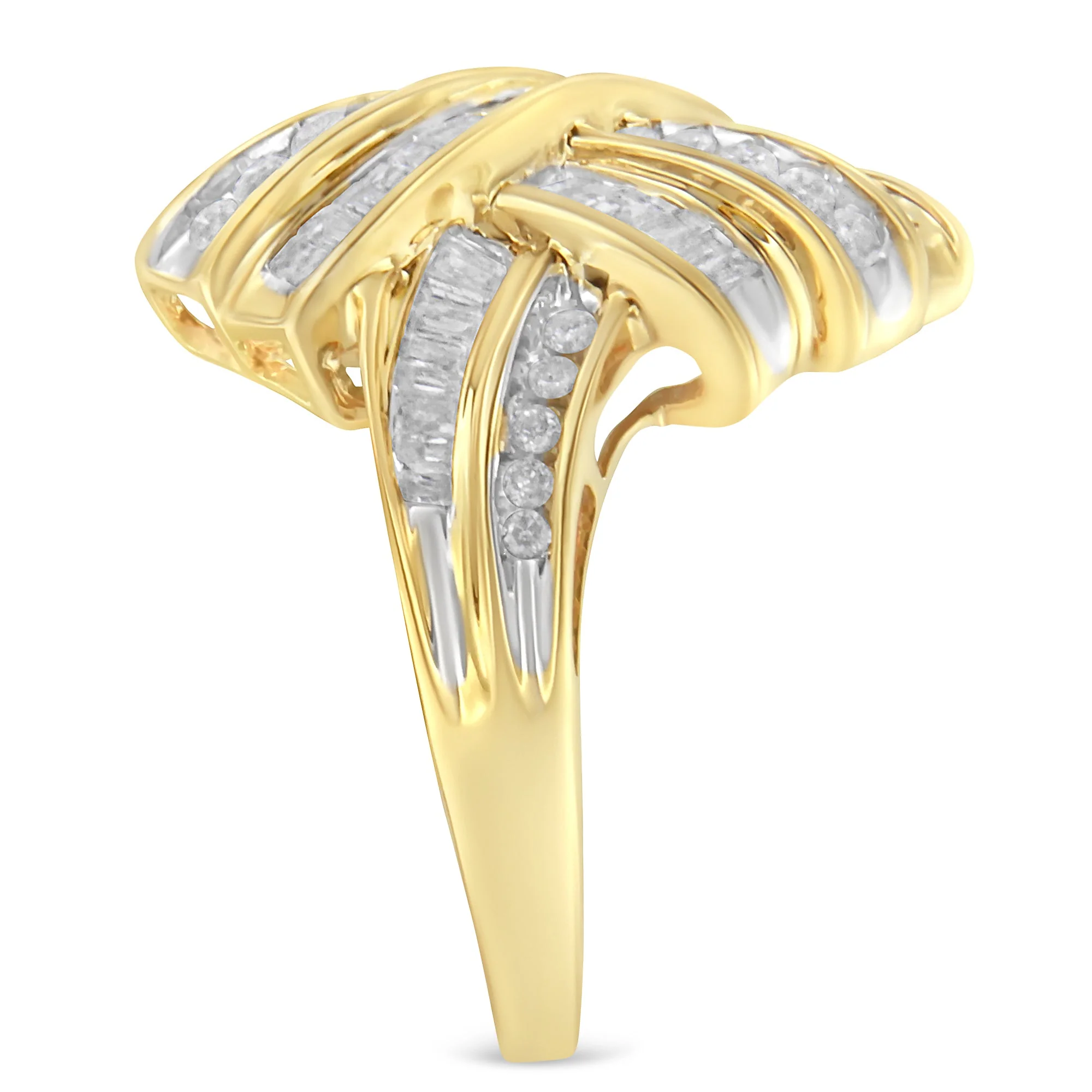 10K Yellow Gold Plated .925 Sterling Silver 1.0 Cttw Round & Baguette Diamond Knot Channel Statement Ring (I-J Color, I2-I3 Clarity) - Size 6 - Image 5