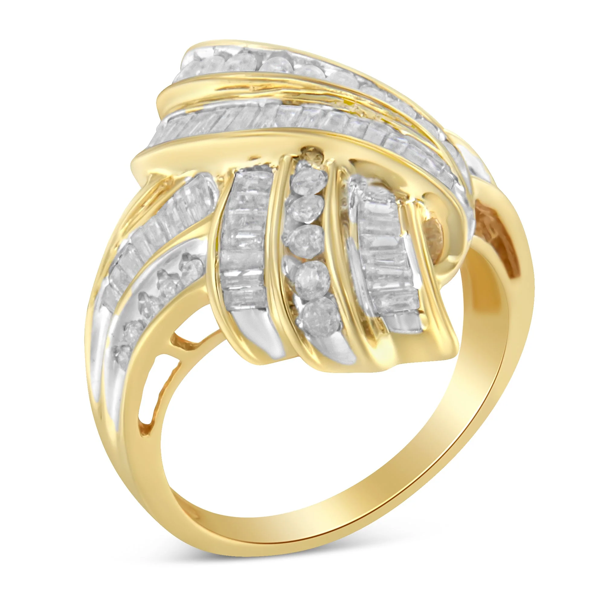 10K Yellow Gold Plated .925 Sterling Silver 1.0 Cttw Round & Baguette Diamond Knot Channel Statement Ring (I-J Color, I2-I3 Clarity) - Size 6 - Image 6