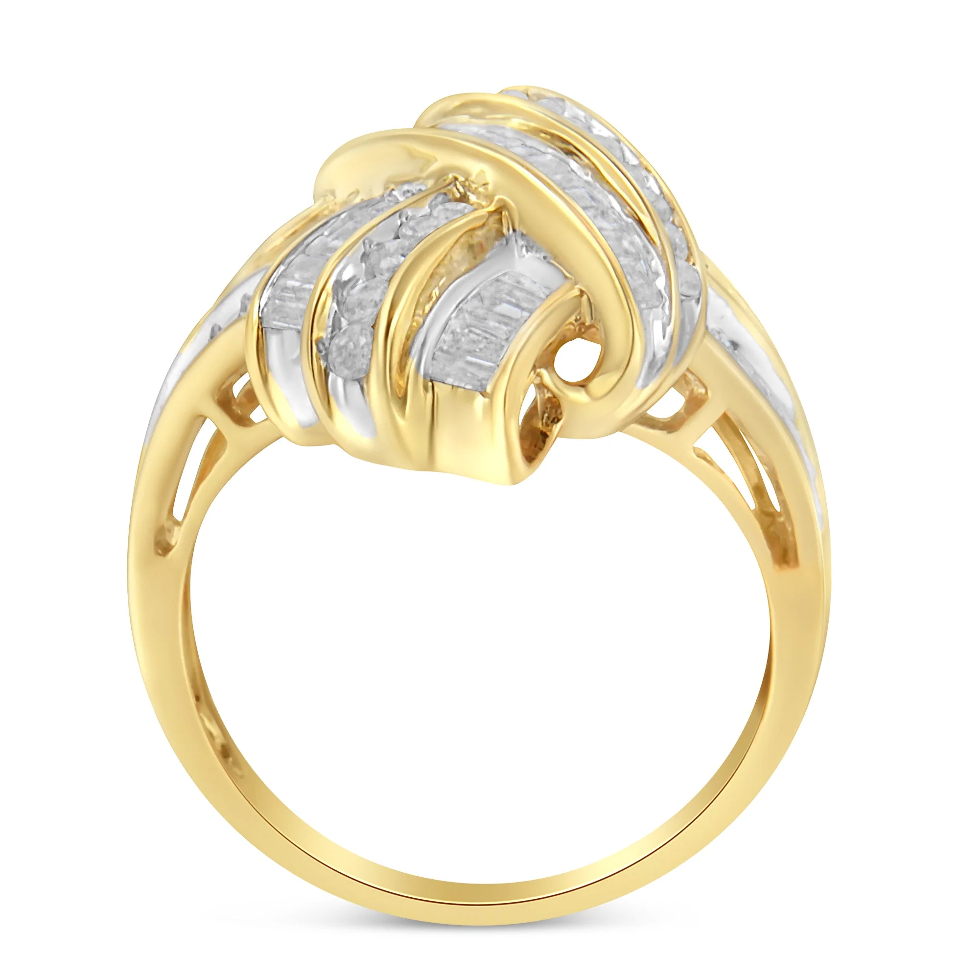 10K Yellow Gold Plated .925 Sterling Silver 1.0 Cttw Round & Baguette Diamond Knot Channel Statement Ring (I-J Color, I2-I3 Clarity) - Size 6 - Image 7