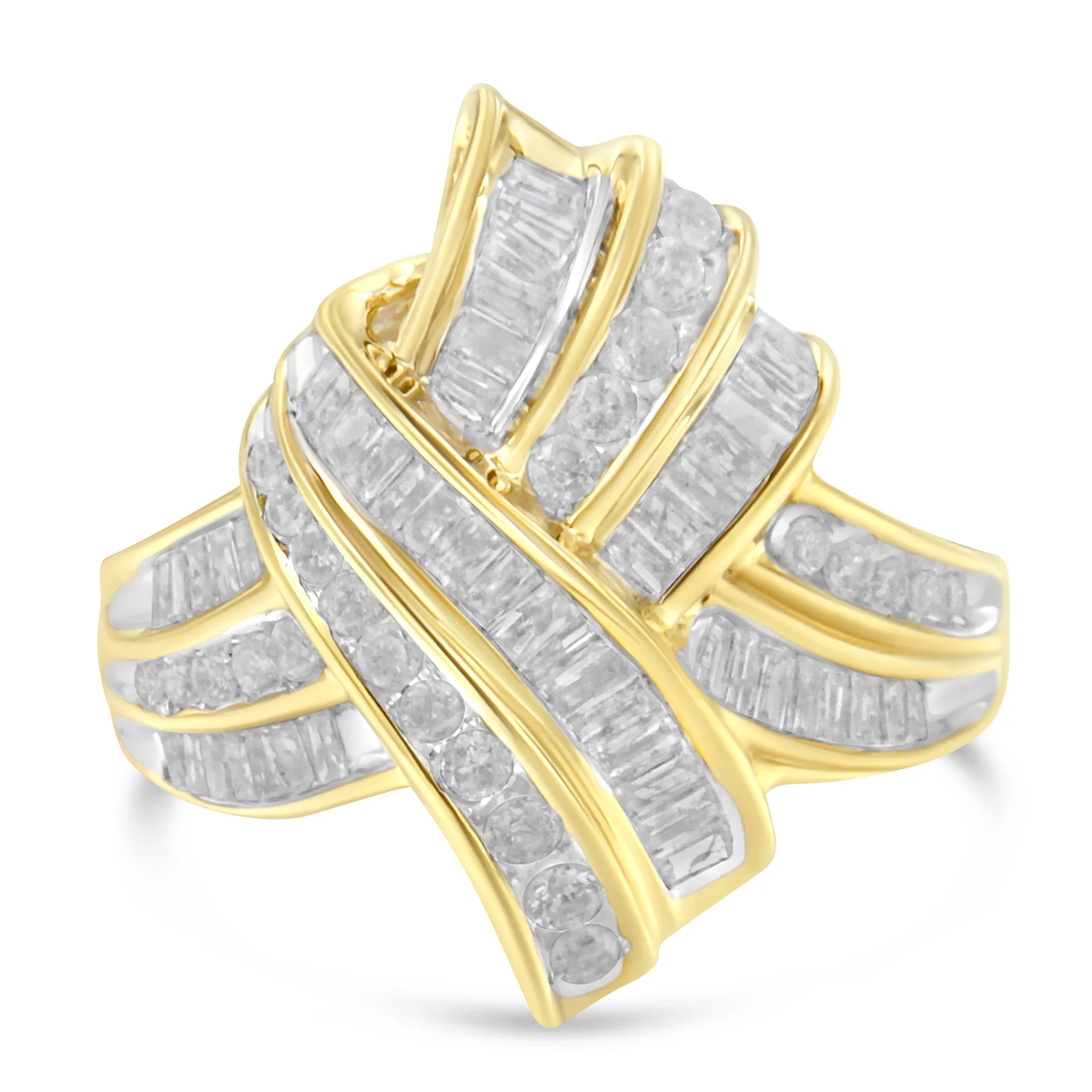 10K Yellow Gold Plated .925 Sterling Silver 1.0 Cttw Round & Baguette Diamond Knot Channel Statement Ring (I-J Color, I2-I3 Clarity) - Size 6 - Image 8