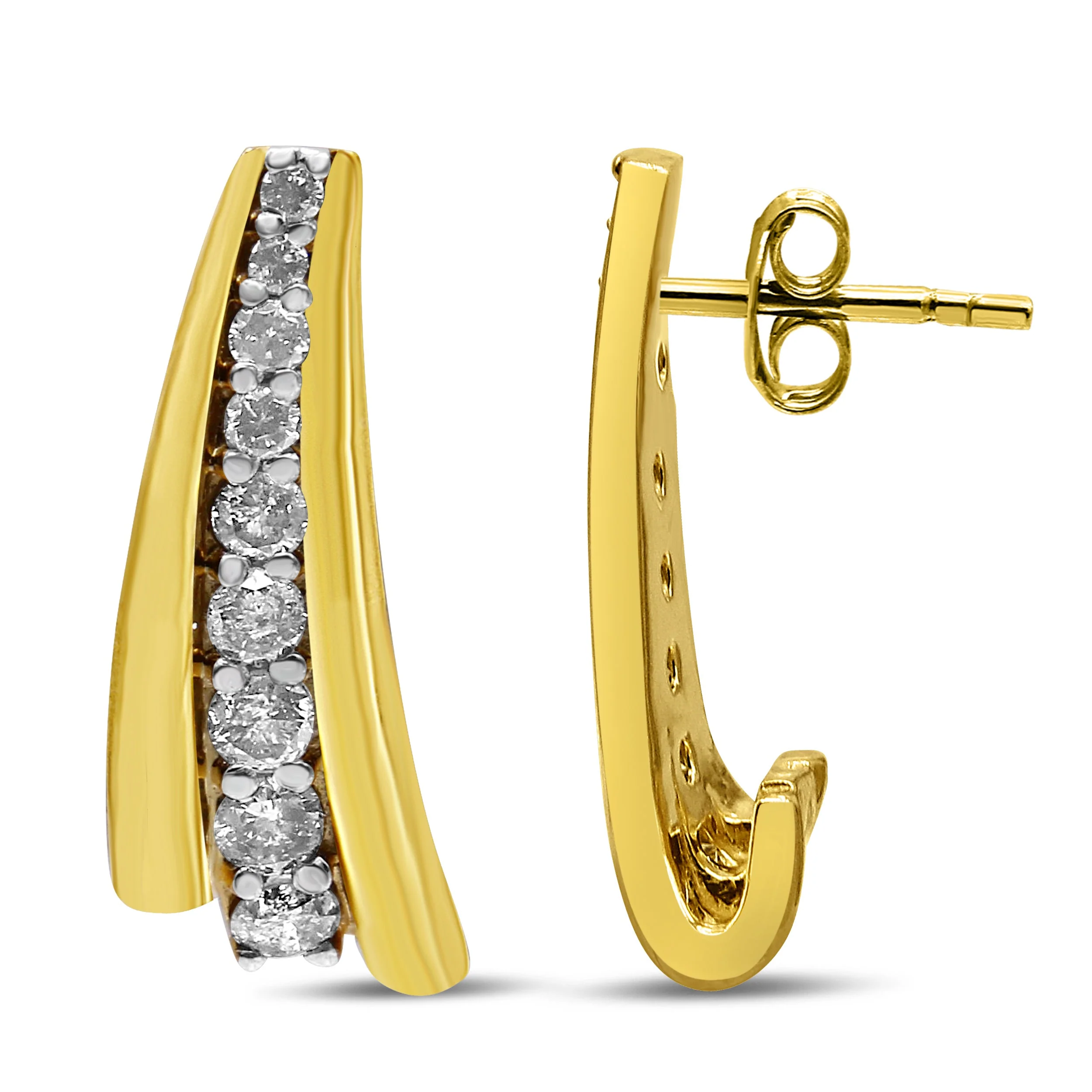 10K Yellow Gold Plated .925 Sterling Silver 1.00 Cttw Round Diamond Graduated Huggie Stud Earrings (I-J Color, I2-I3 Clarity) - Image 4