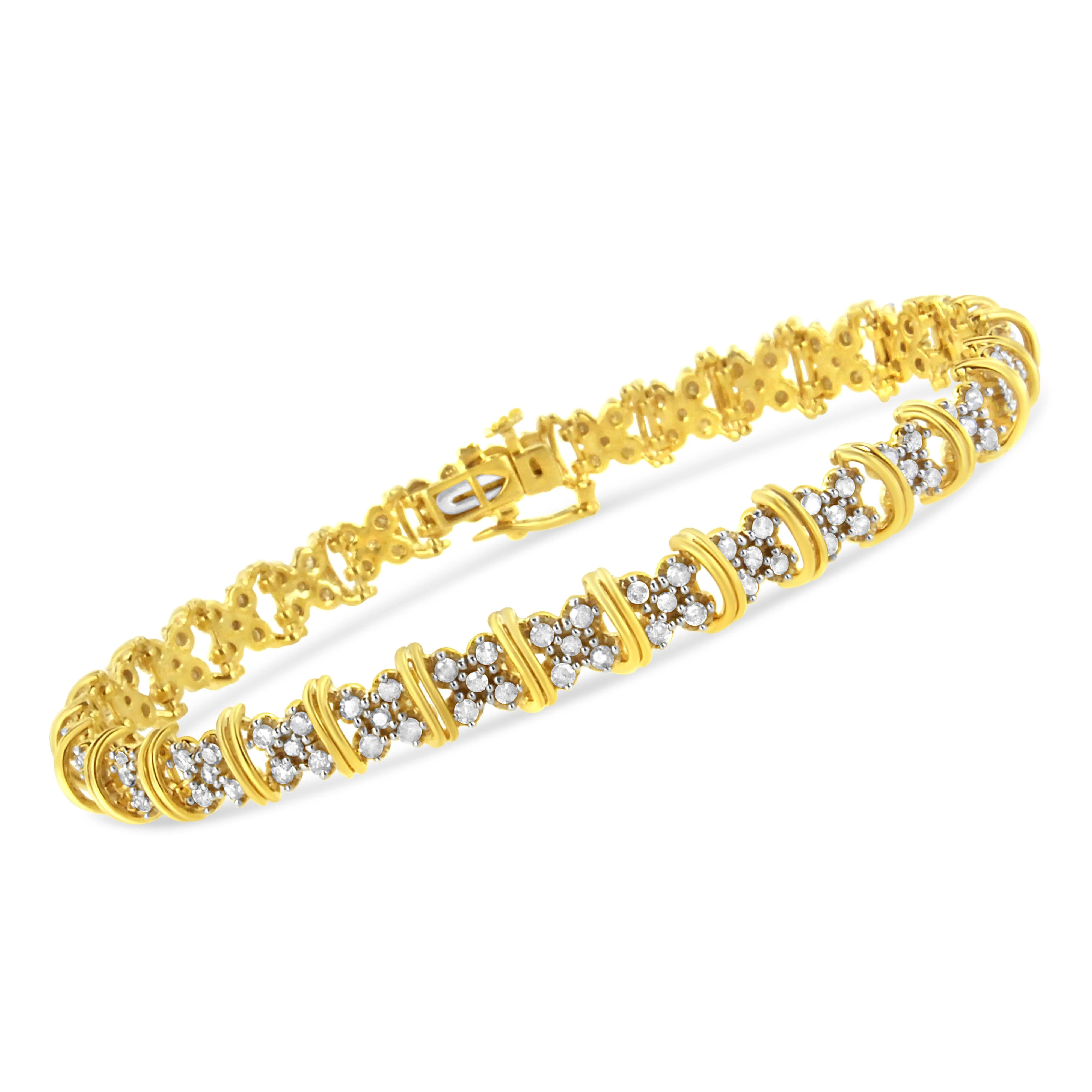 10K Yellow Gold Plated .925 Sterling Silver 2.0 Cttw Round Diamond Cluster "X" Shaped Link Bracelet (H-I Color, I3 Clarity) - 7" - Image 2