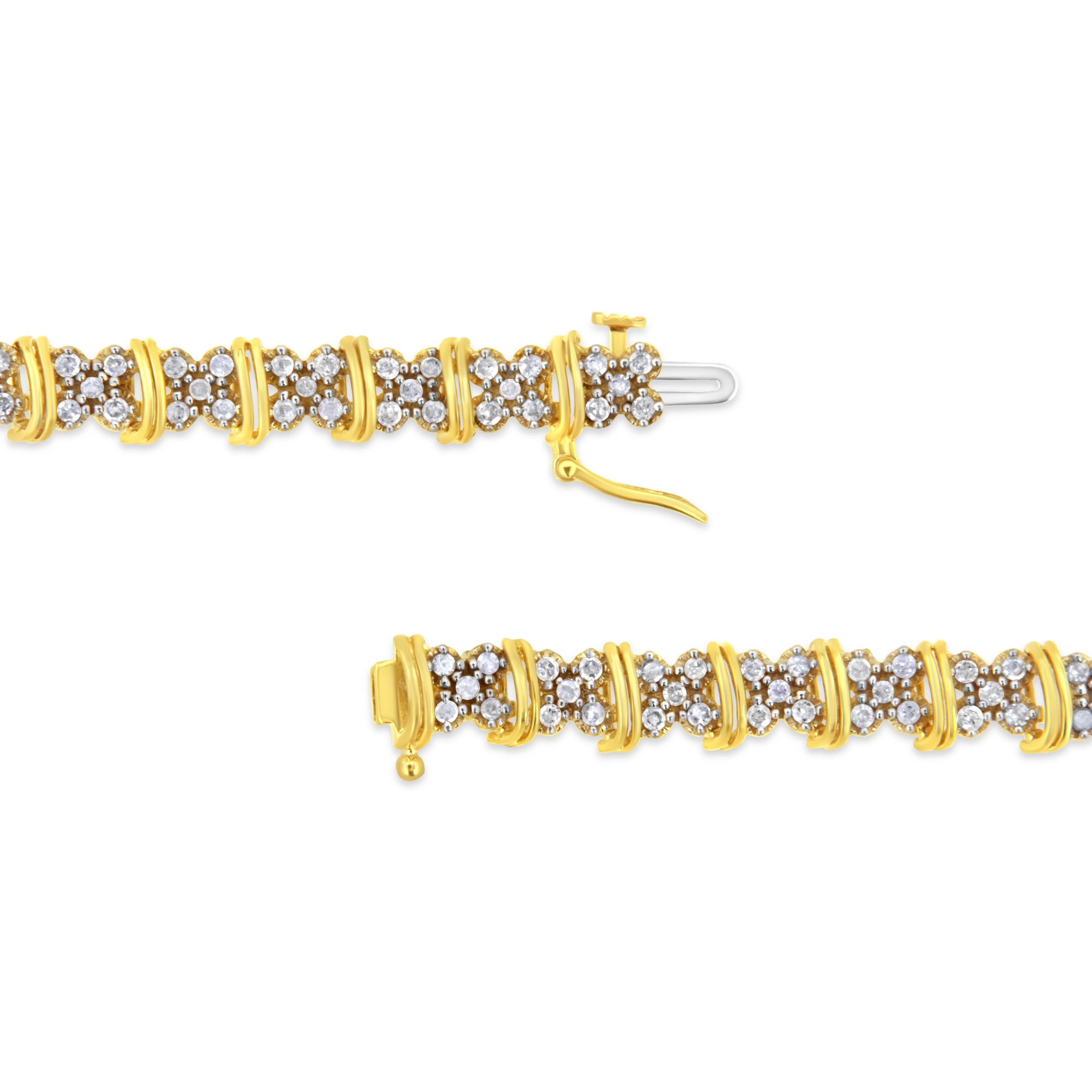 10K Yellow Gold Plated .925 Sterling Silver 2.0 Cttw Round Diamond Cluster "X" Shaped Link Bracelet (H-I Color, I3 Clarity) - 7" - Image 3