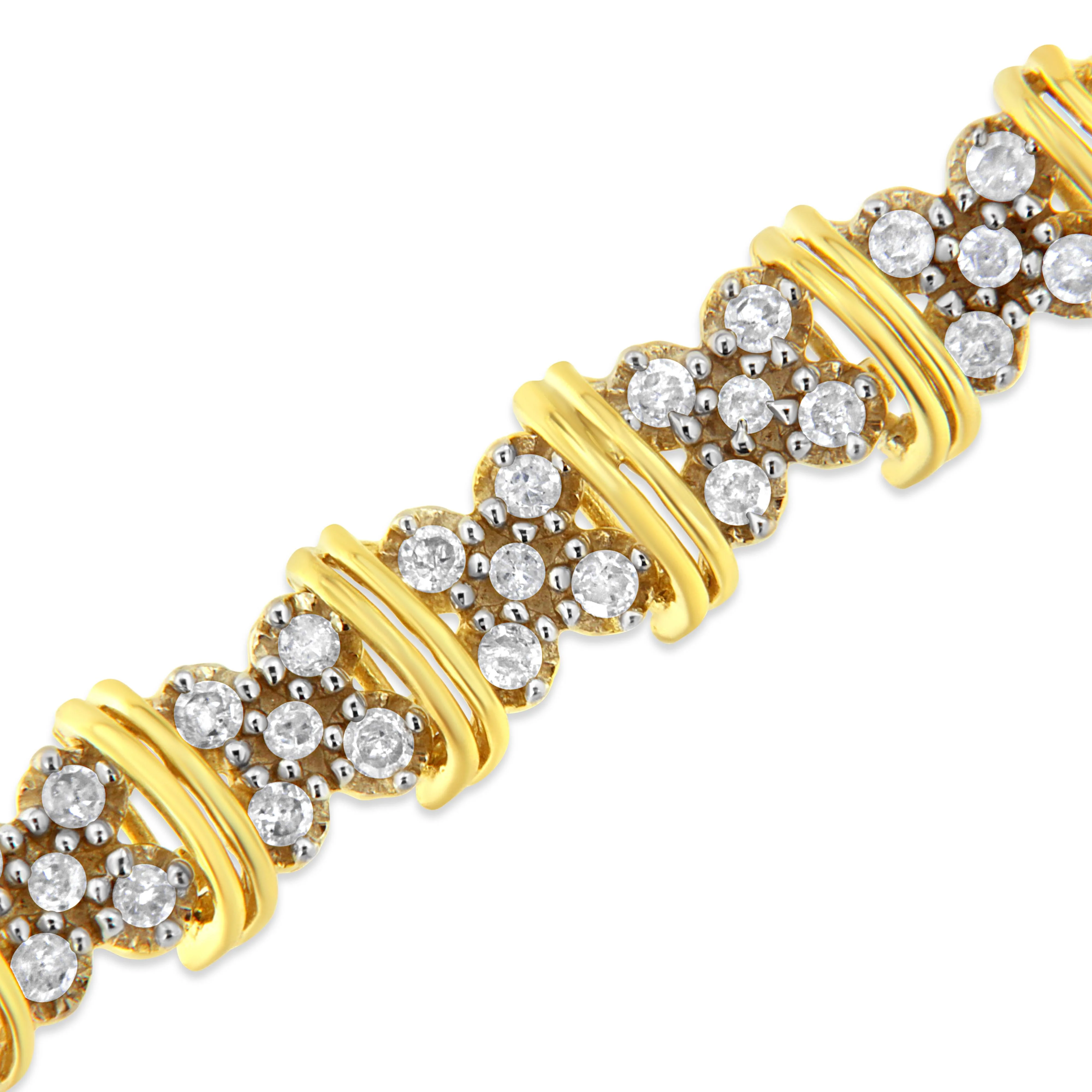 10K Yellow Gold Plated .925 Sterling Silver 2.0 Cttw Round Diamond Cluster "X" Shaped Link Bracelet (H-I Color, I3 Clarity) - 7" - Image 4