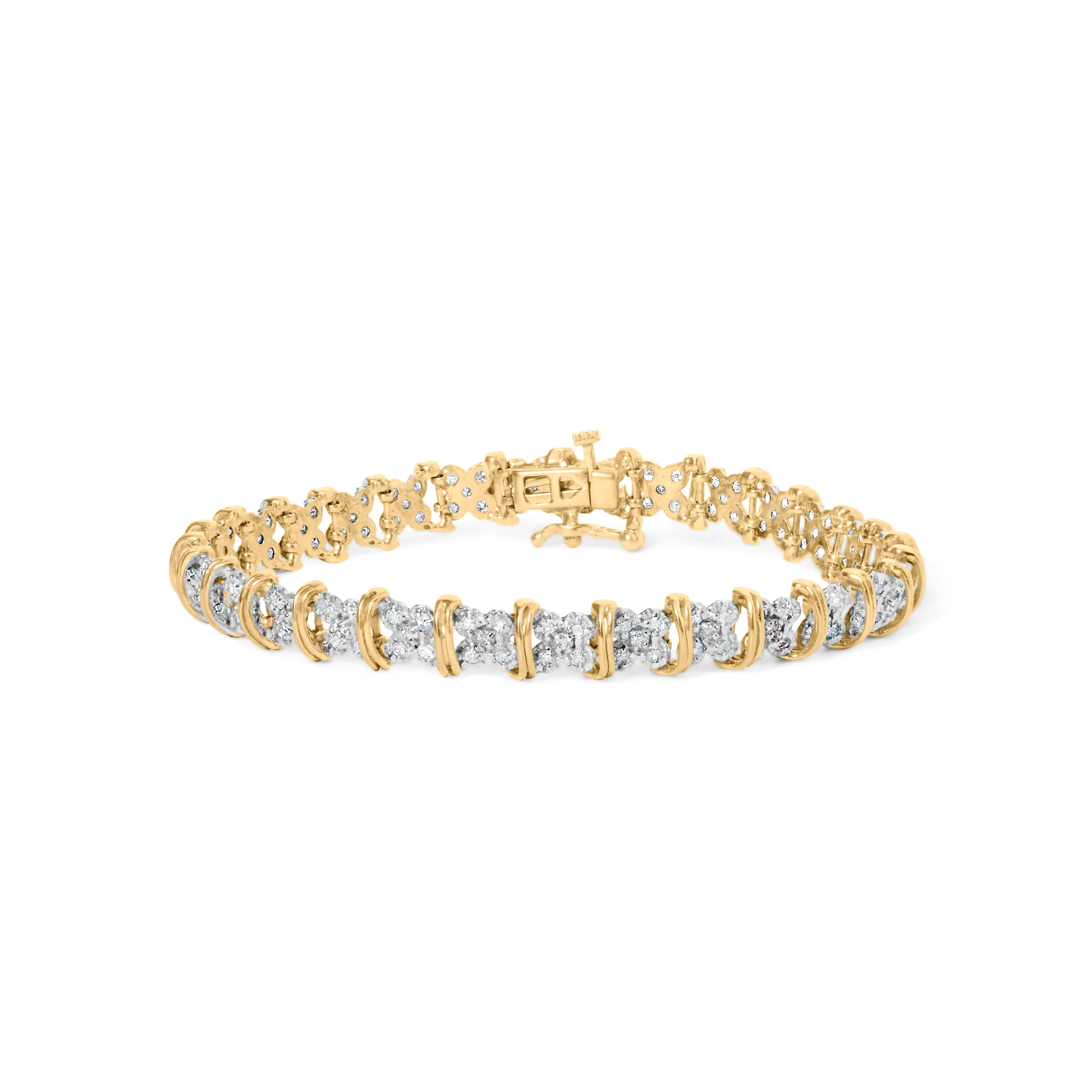 10K Yellow Gold Plated .925 Sterling Silver 2.0 Cttw Round Diamond Cluster "X" Shaped Link Bracelet (H-I Color, I3 Clarity) - 7" - Image 6
