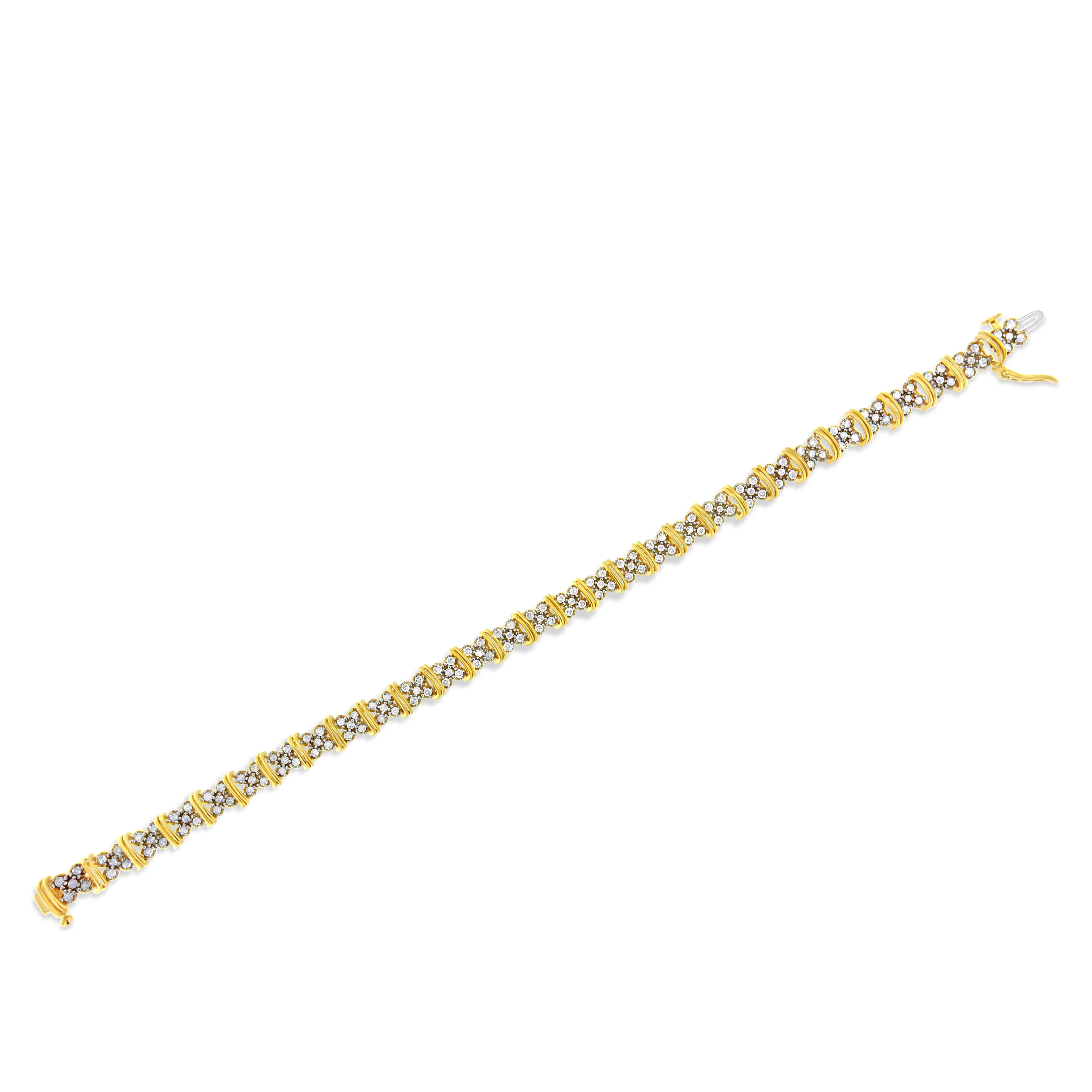 10K Yellow Gold Plated .925 Sterling Silver 2.0 Cttw Round Diamond Cluster "X" Shaped Link Bracelet (H-I Color, I3 Clarity) - 7" - Image 9