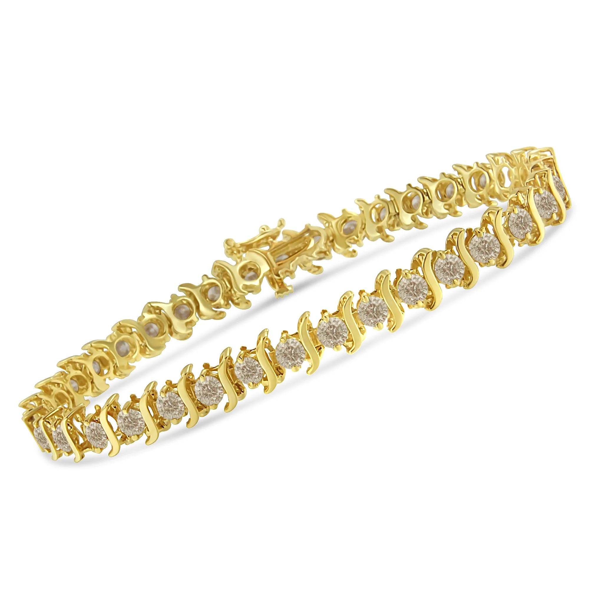 10K Yellow Gold Plated .925 Sterling Silver 7.0 cttw 2-Prong Set Round Brilliant Cut Diamond "S" Link Bracelet (J-K color, I1-I2 clarity) - 7" - Image 3